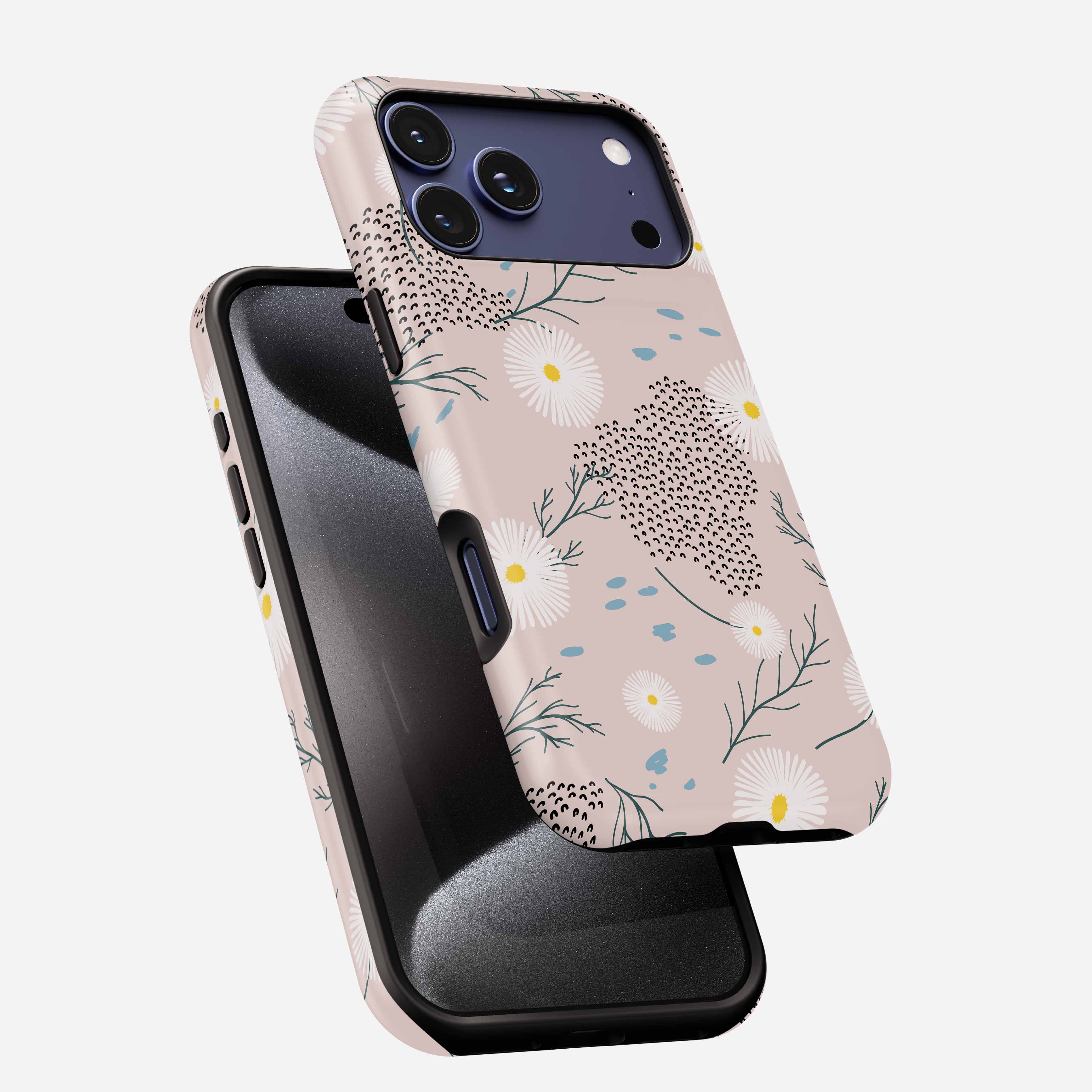 Daisy Haze MagSafe Tough Phone Case with floral and geometric pattern on pink background.