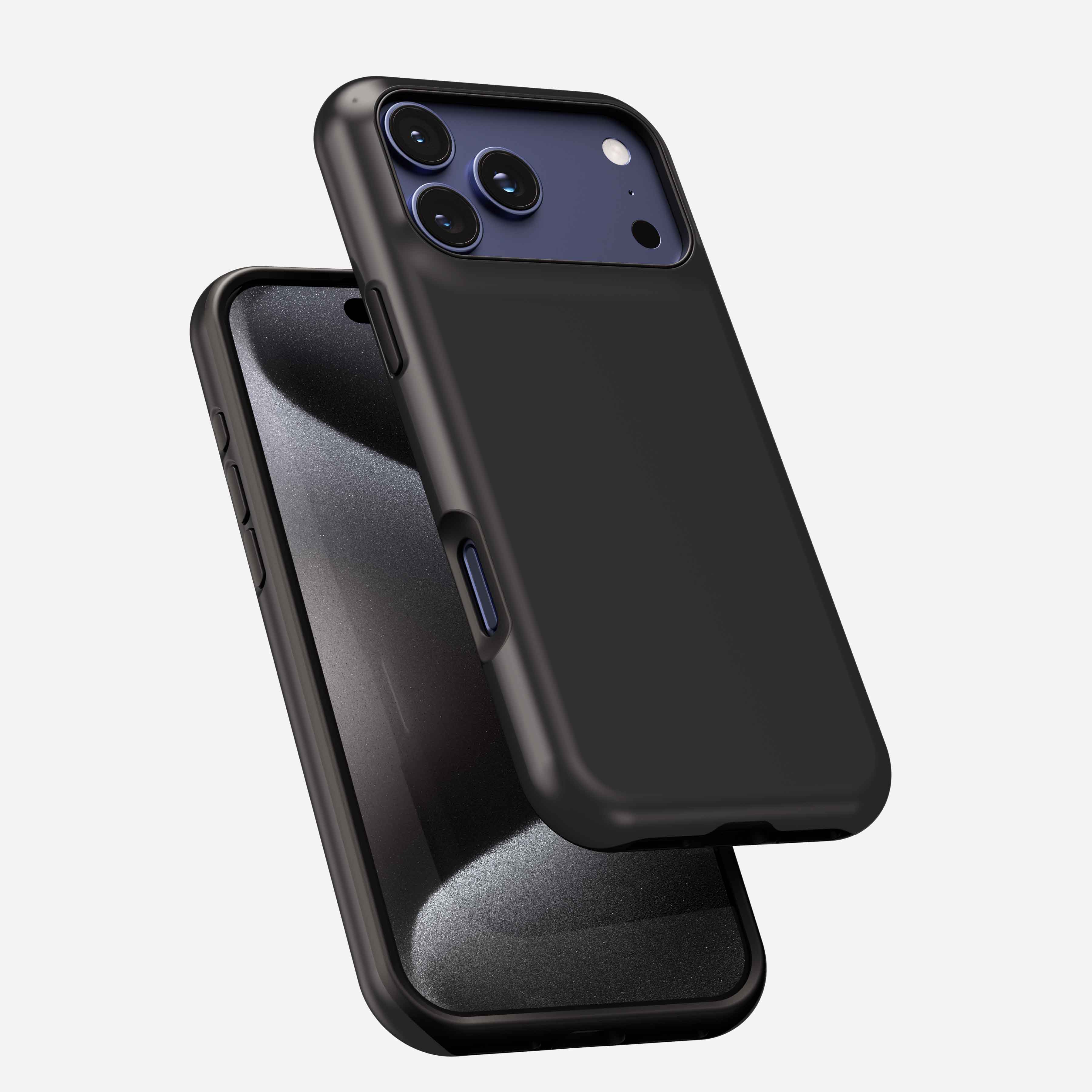 Black MagSafe tough phone case with triple camera cutout, shown on charcoal iPhone from front and back angles.