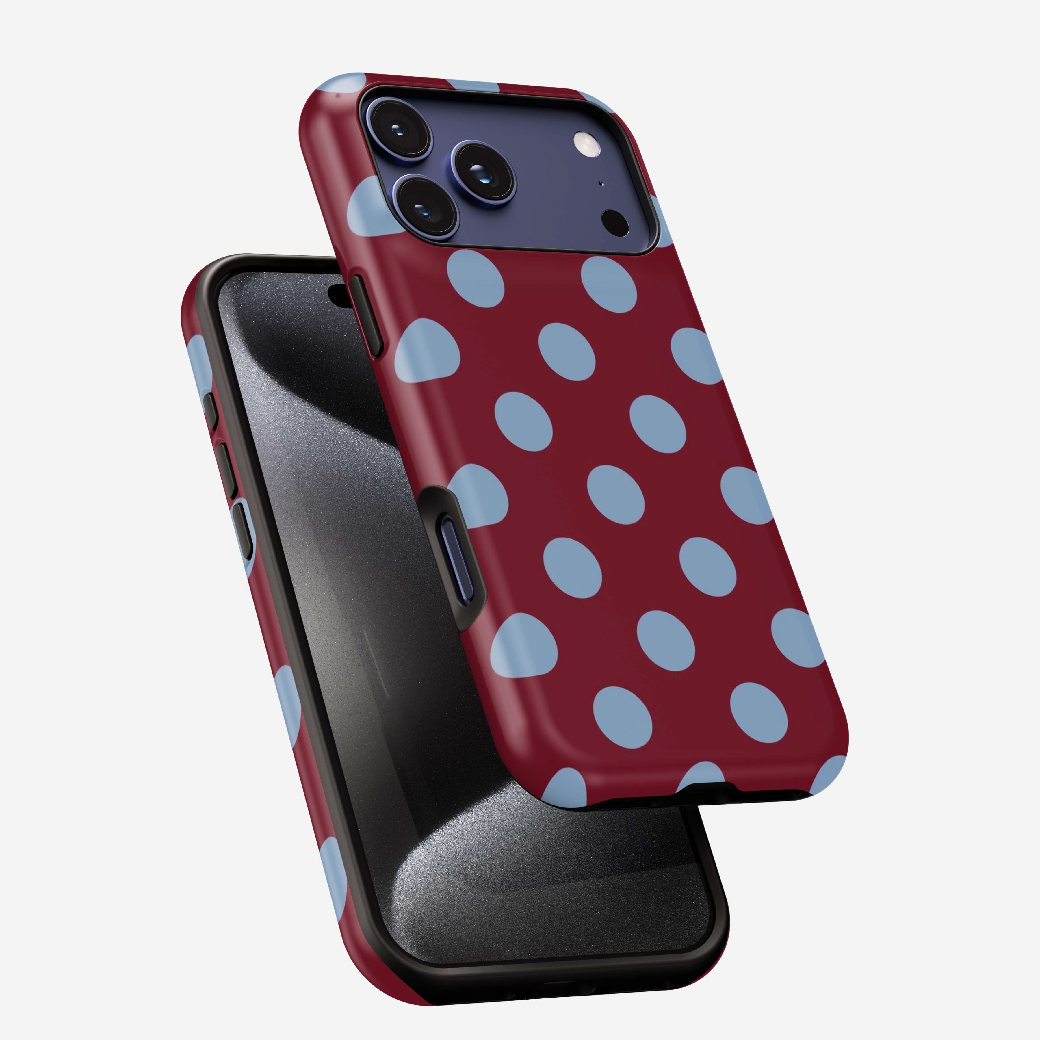 Berry Sky MagSafe Tough Phone Case with polka dot pattern in burgundy and light blue