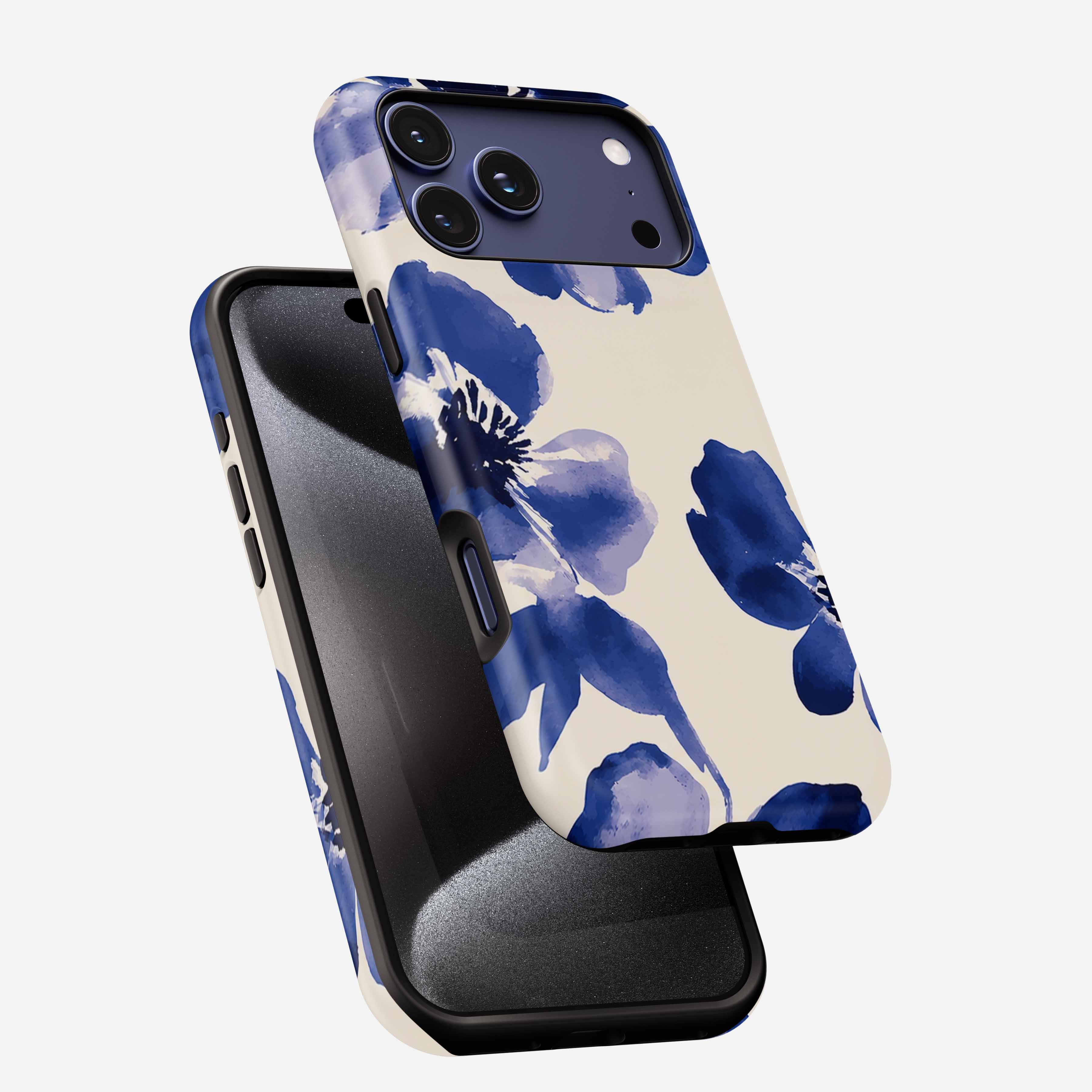Blue Muse MagSafe Tough Phone Case with blue watercolor floral design on cream background, shown on smartphone.