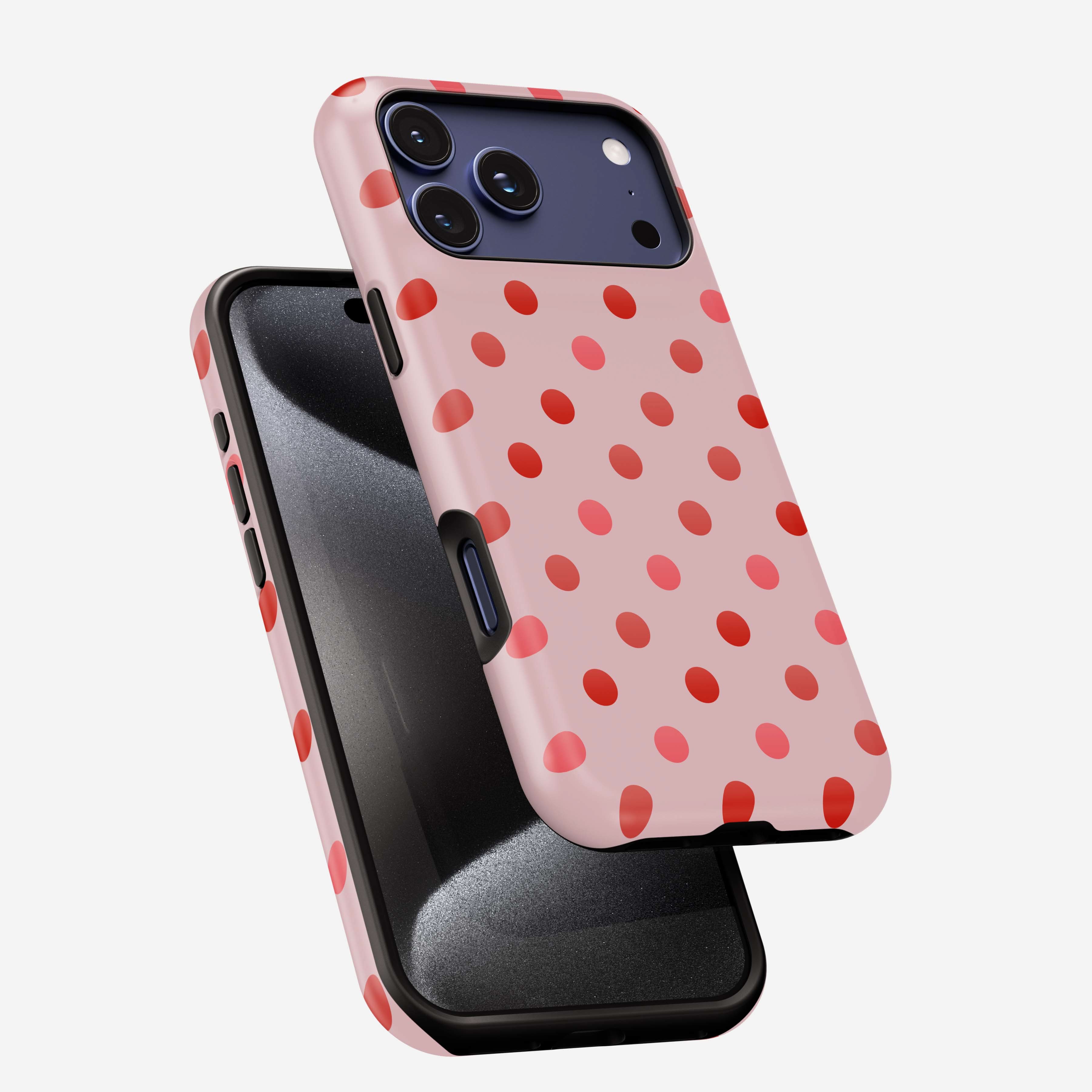 Pink phone case with red polka dots, triple camera cutout, MagSafe compatible, shown front and back views.