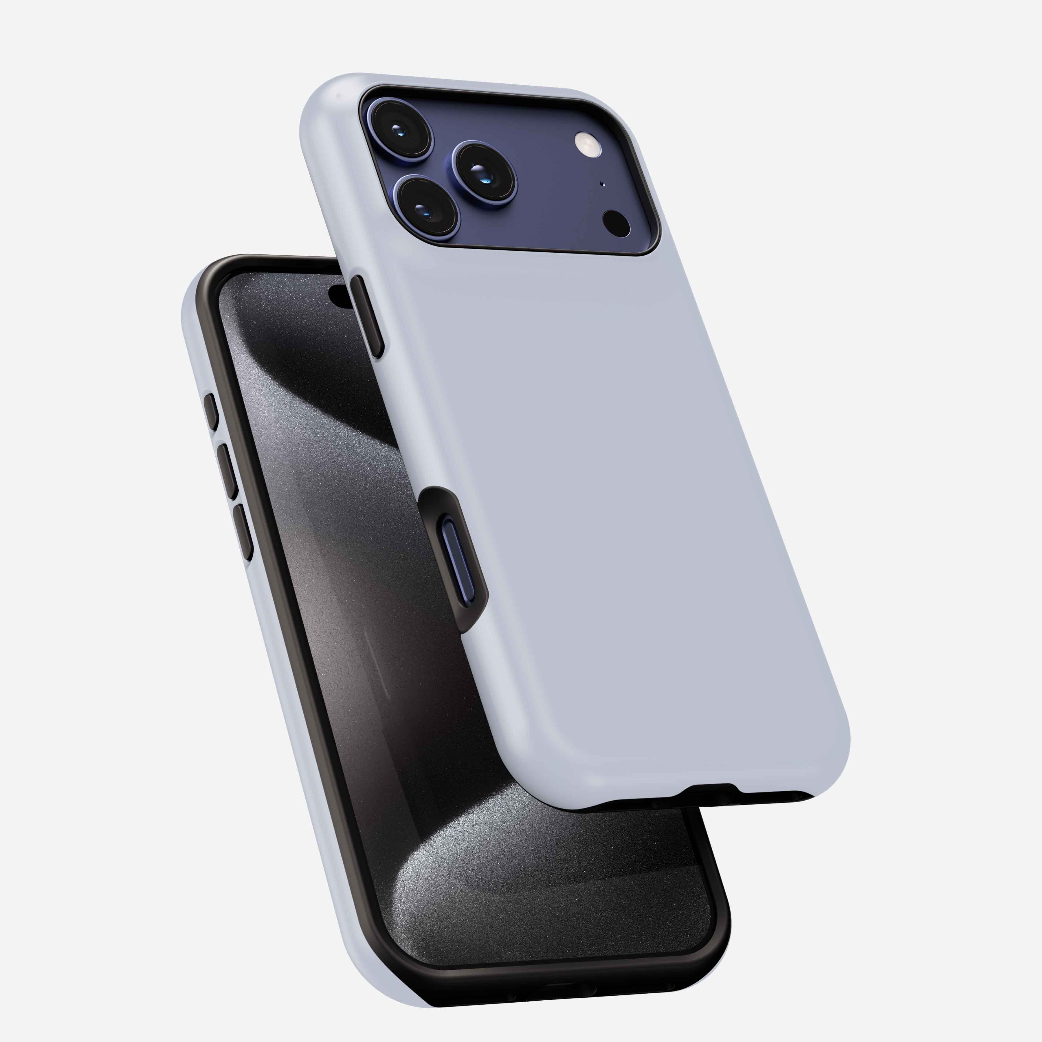 Blueberry Milk MagSafe tough phone case in light purple, shown on iPhone with triple camera system visible.