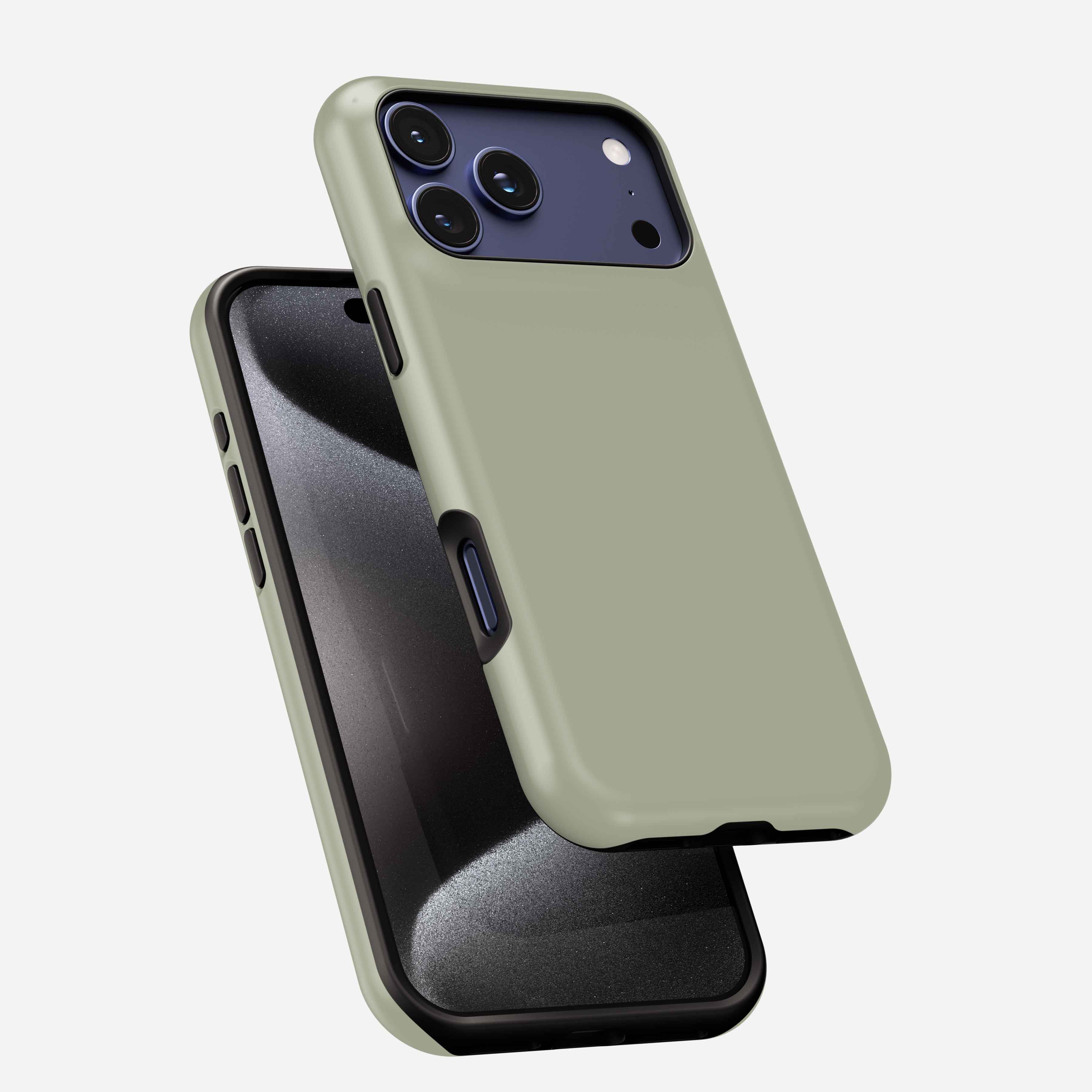 Sage green tough phone case with MagSafe, triple camera cutout, shown on dark smartphone.