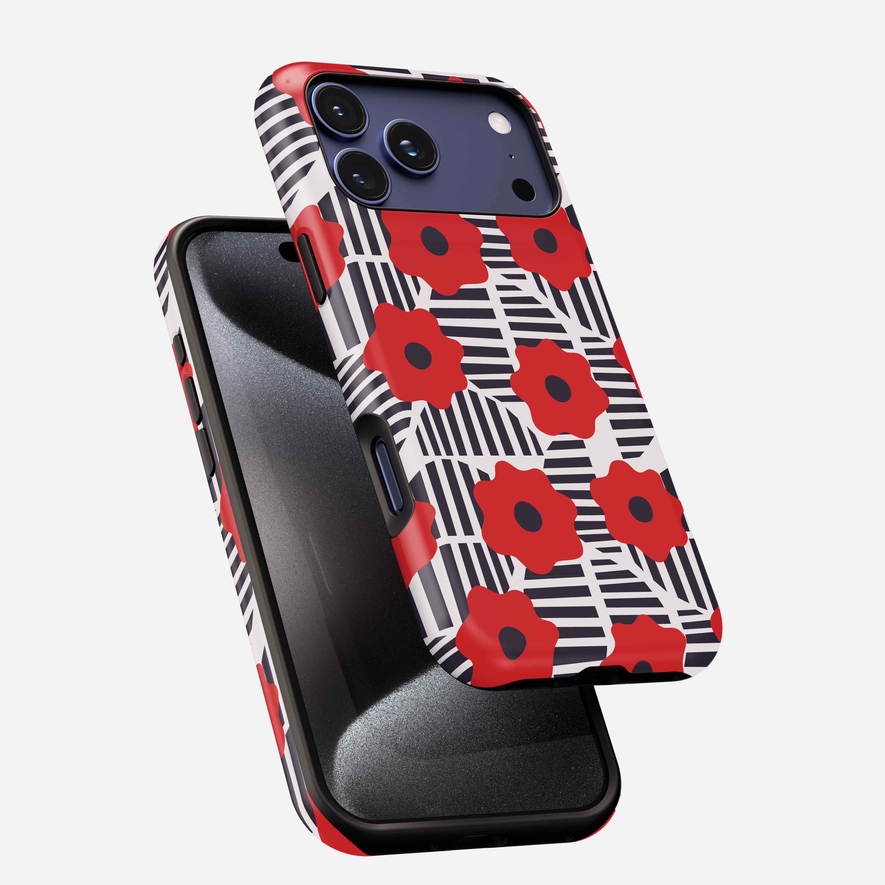 Red and white geometric phone case with black striped pattern and floral design, shown on iPhone with triple camera setup.