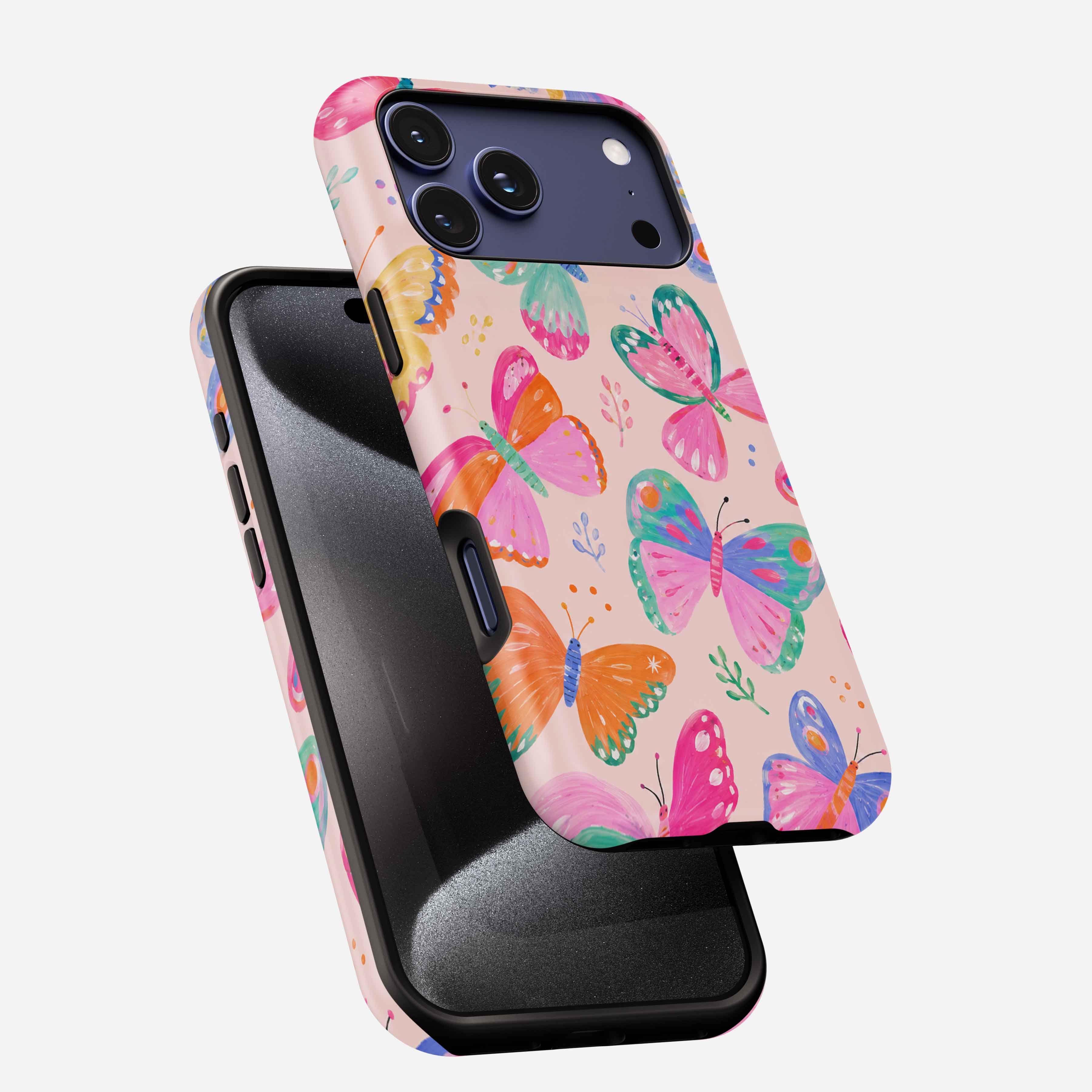 Colorful butterfly-patterned MagSafe phone case with pink, orange, and teal designs on beige background.