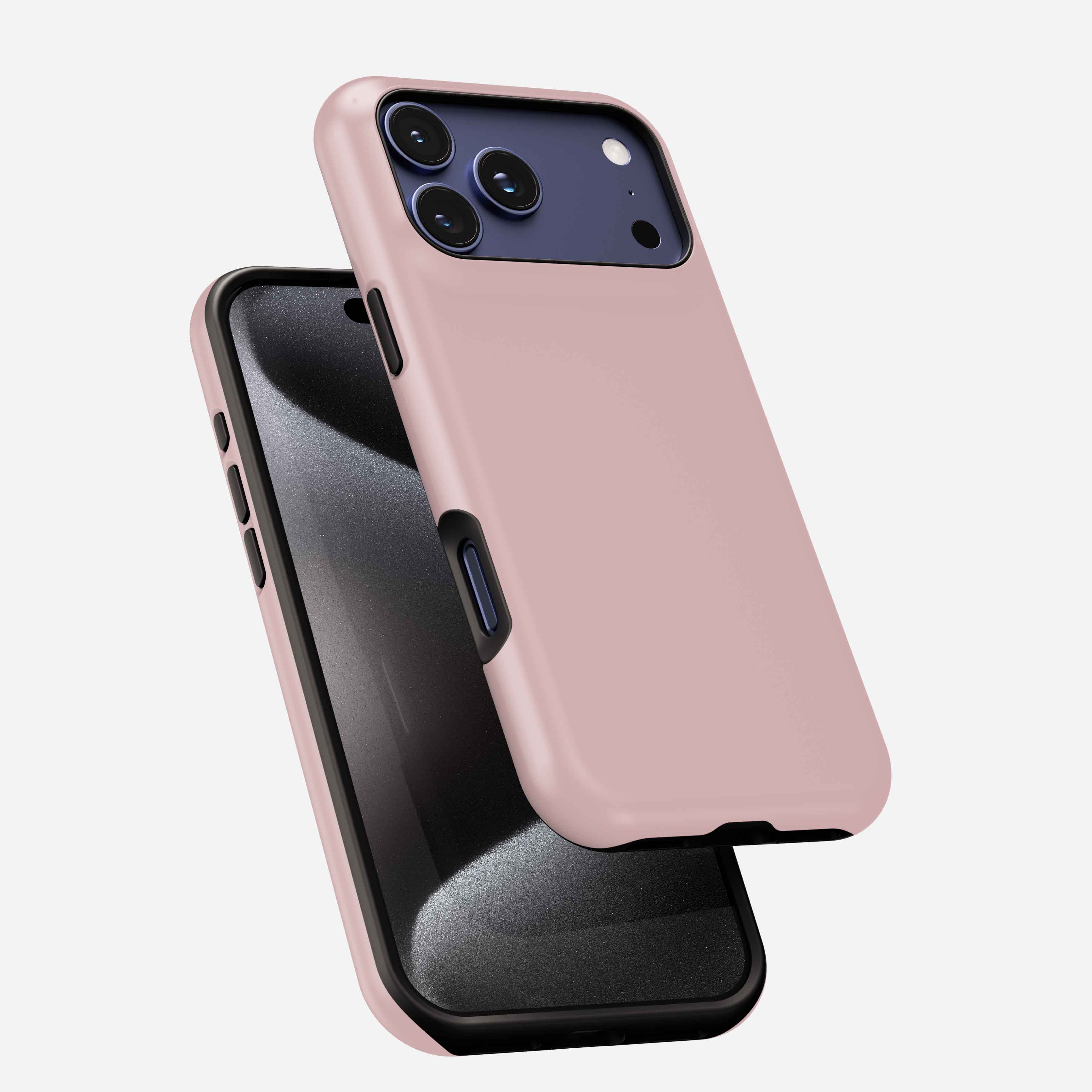 Dusty rose MagSafe tough phone case with triple camera cutout, shown on iPhone from front and back angles.