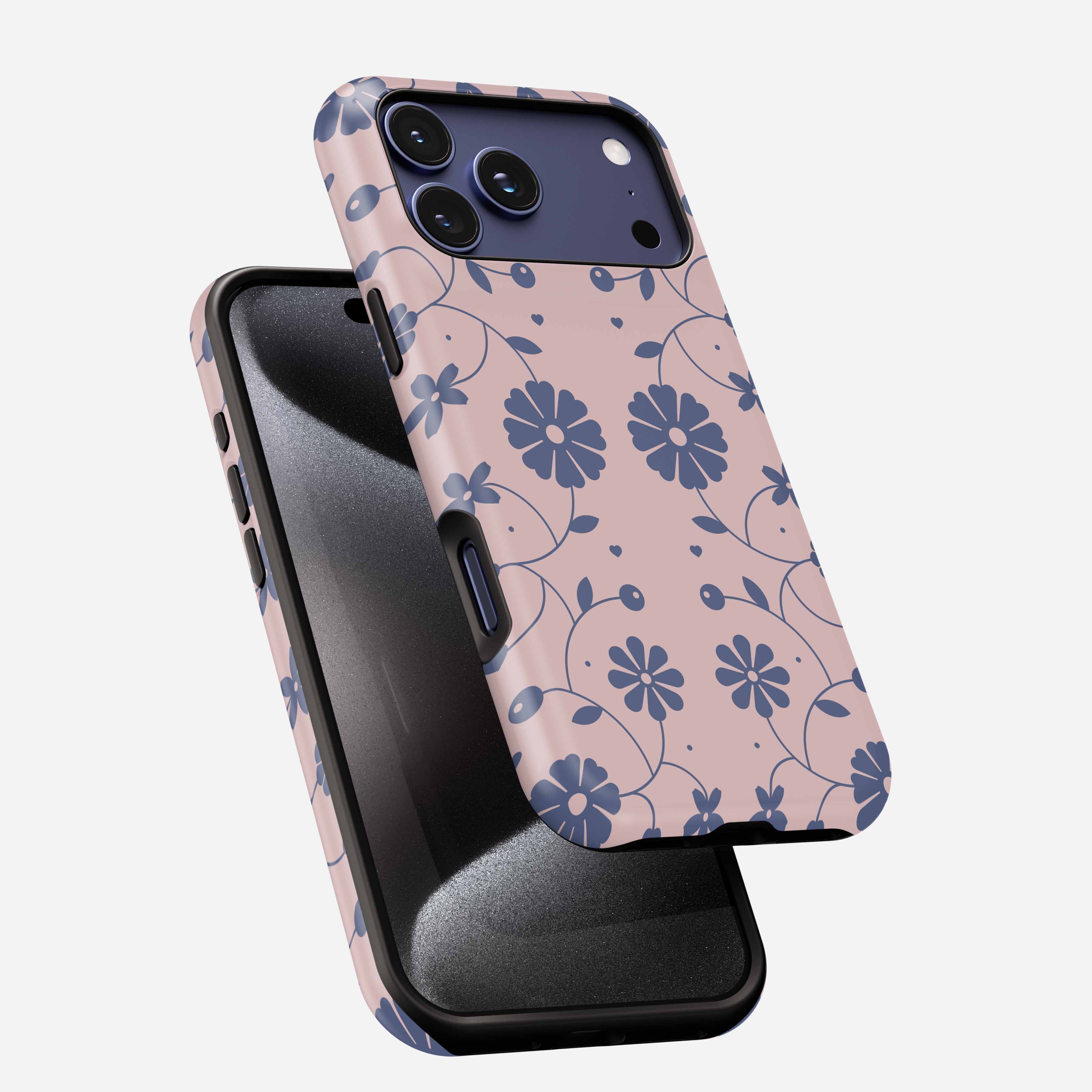 Nordic Bloom MagSafe Tough Phone Case with blue floral pattern on pink background, shown front and back.