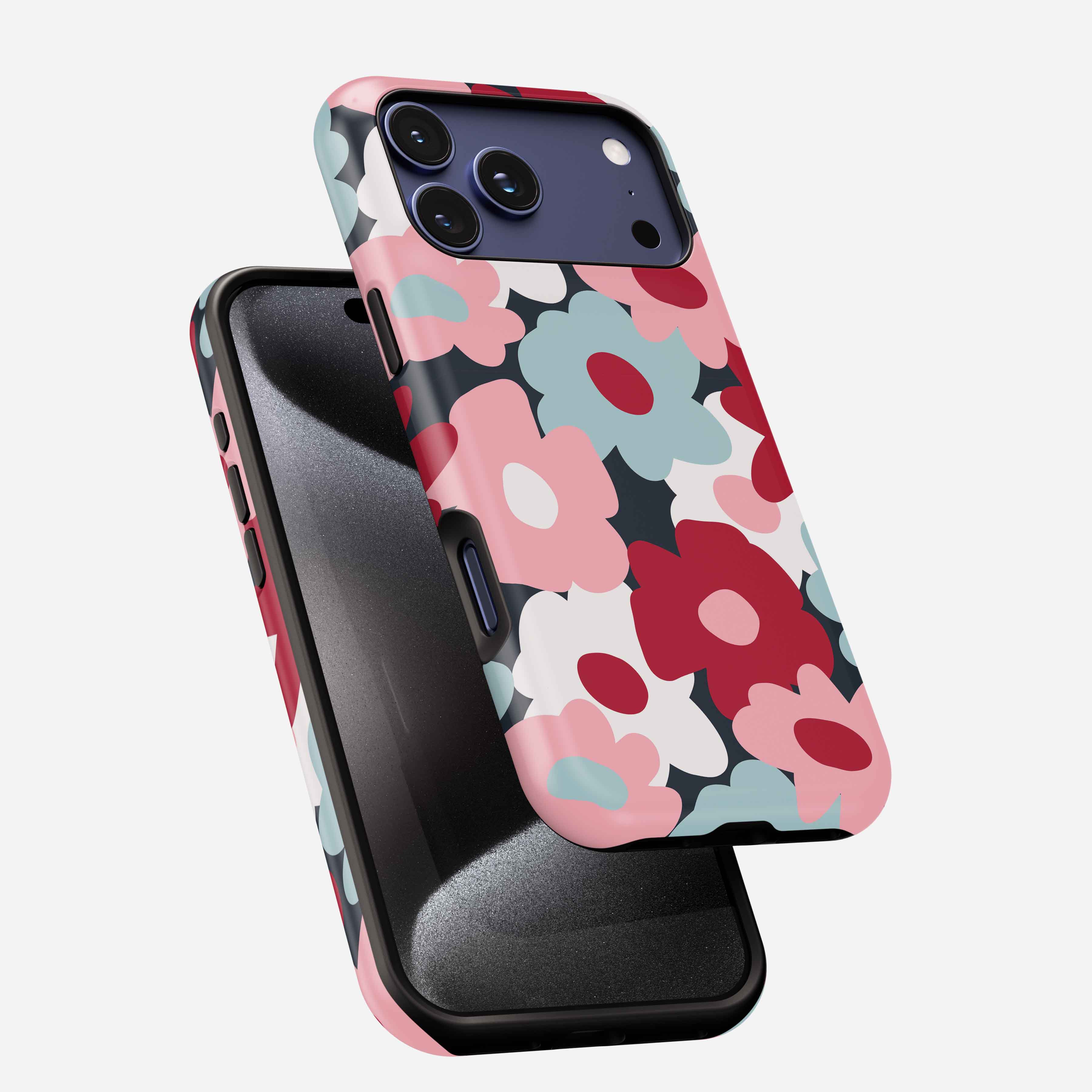 Midnight Petals MagSafe Tough Phone Case with colorful floral pattern in pink, red, and blue on black background.