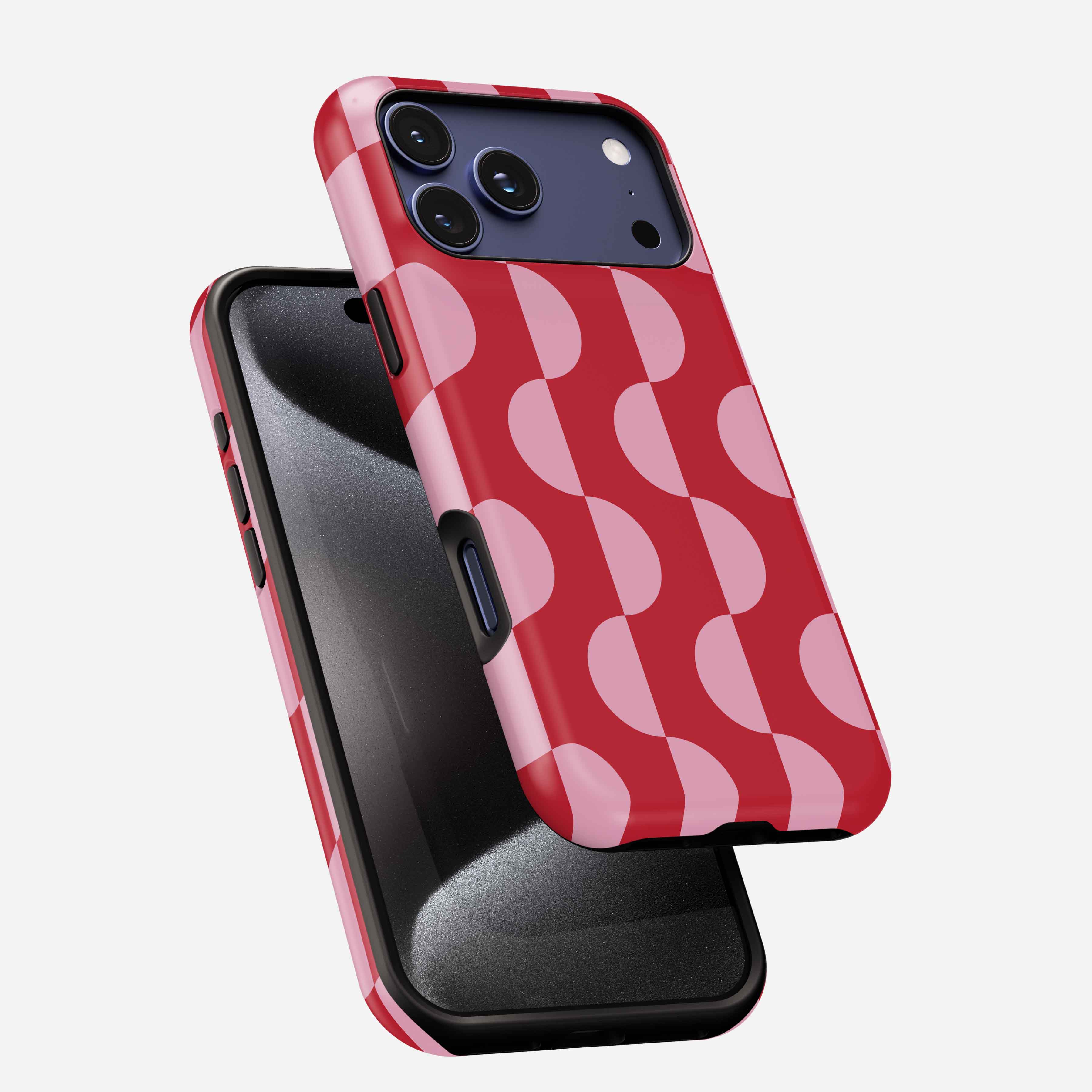 Red and pink wavy checkered MagSafe tough phone case with triple camera cutout and side view showing grip.