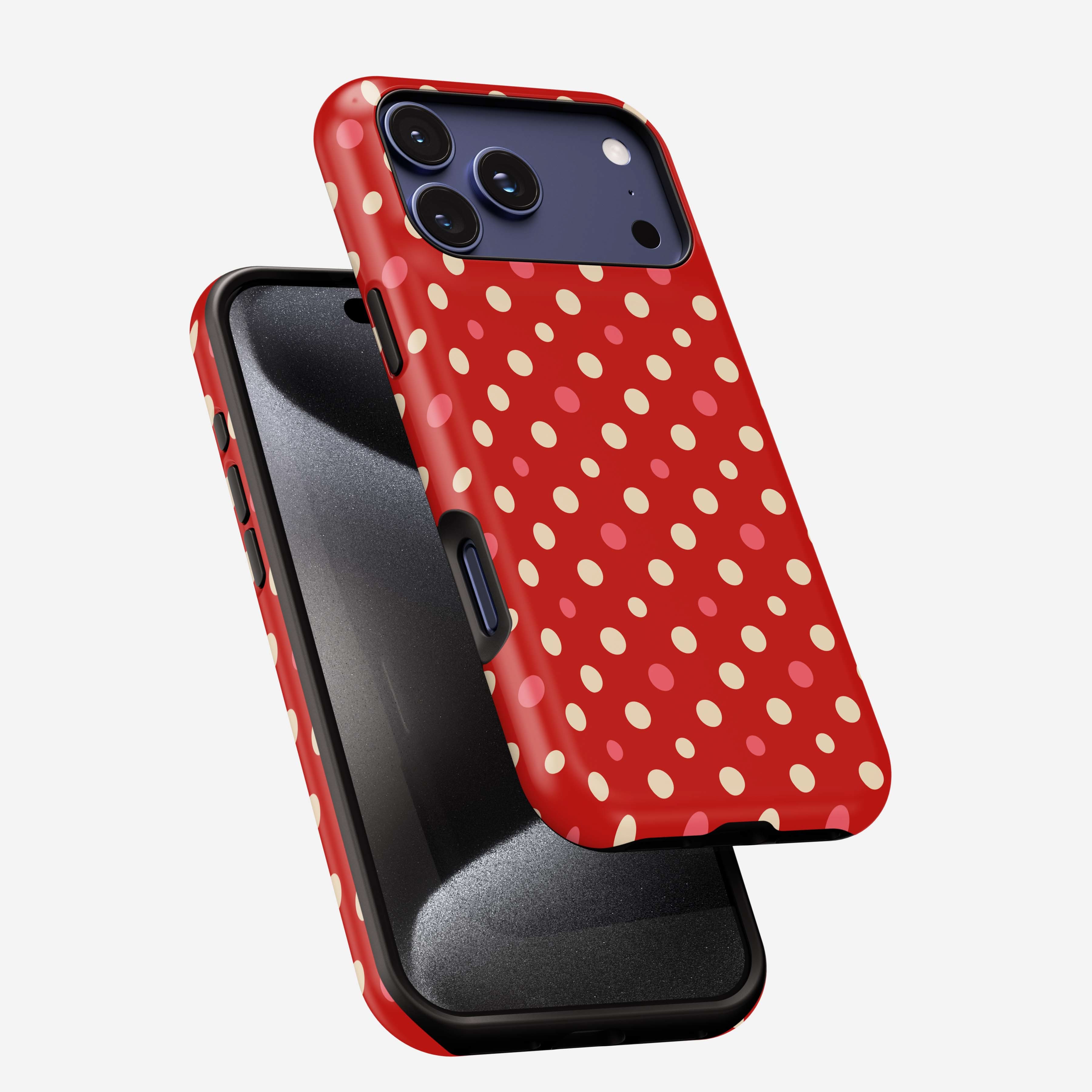 Red phone case with white polka dots, triple camera cutout, MagSafe compatible, shown on iPhone.