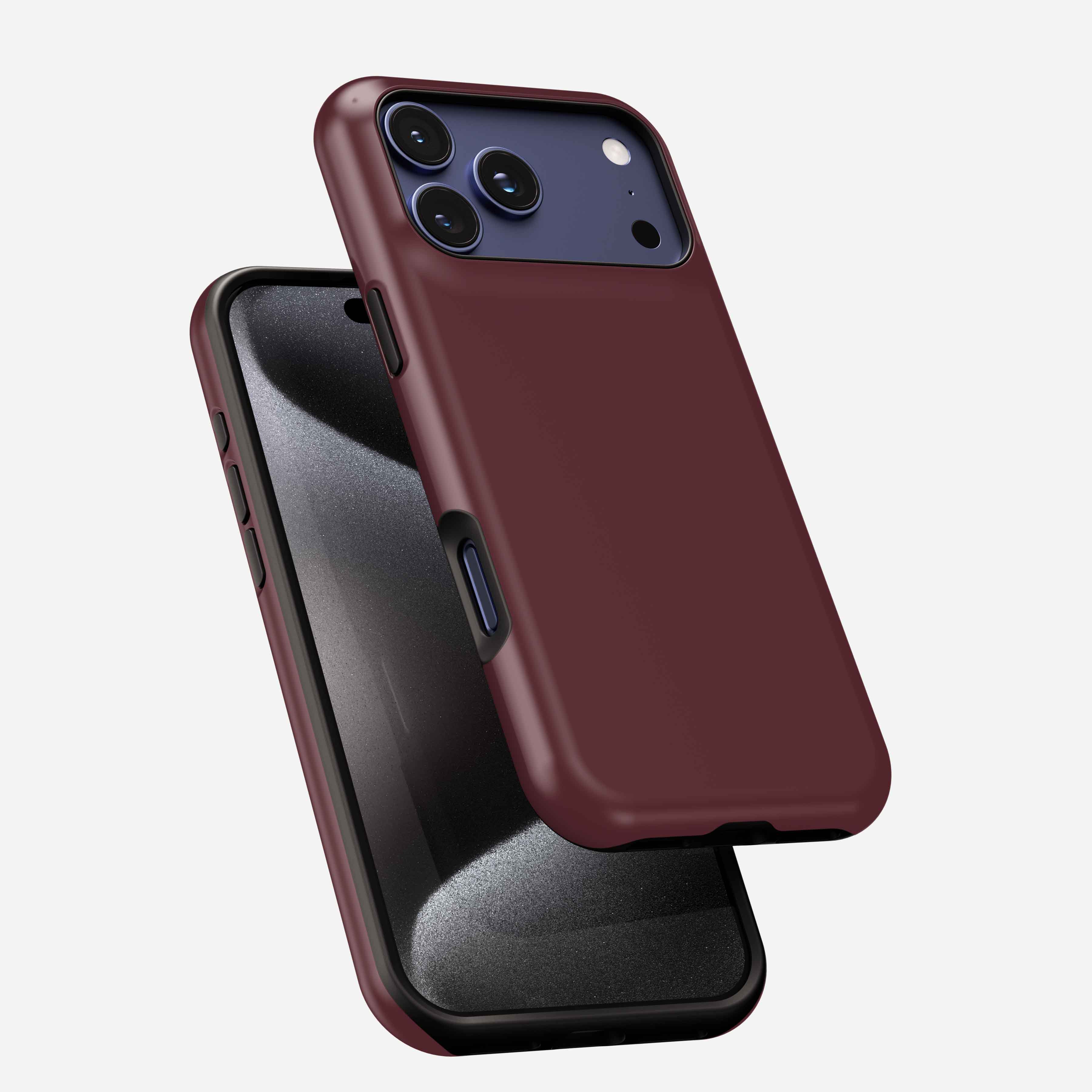 Deep burgundy MagSafe tough phone case with triple camera cutout, shown on smartphone from front and back angles.
