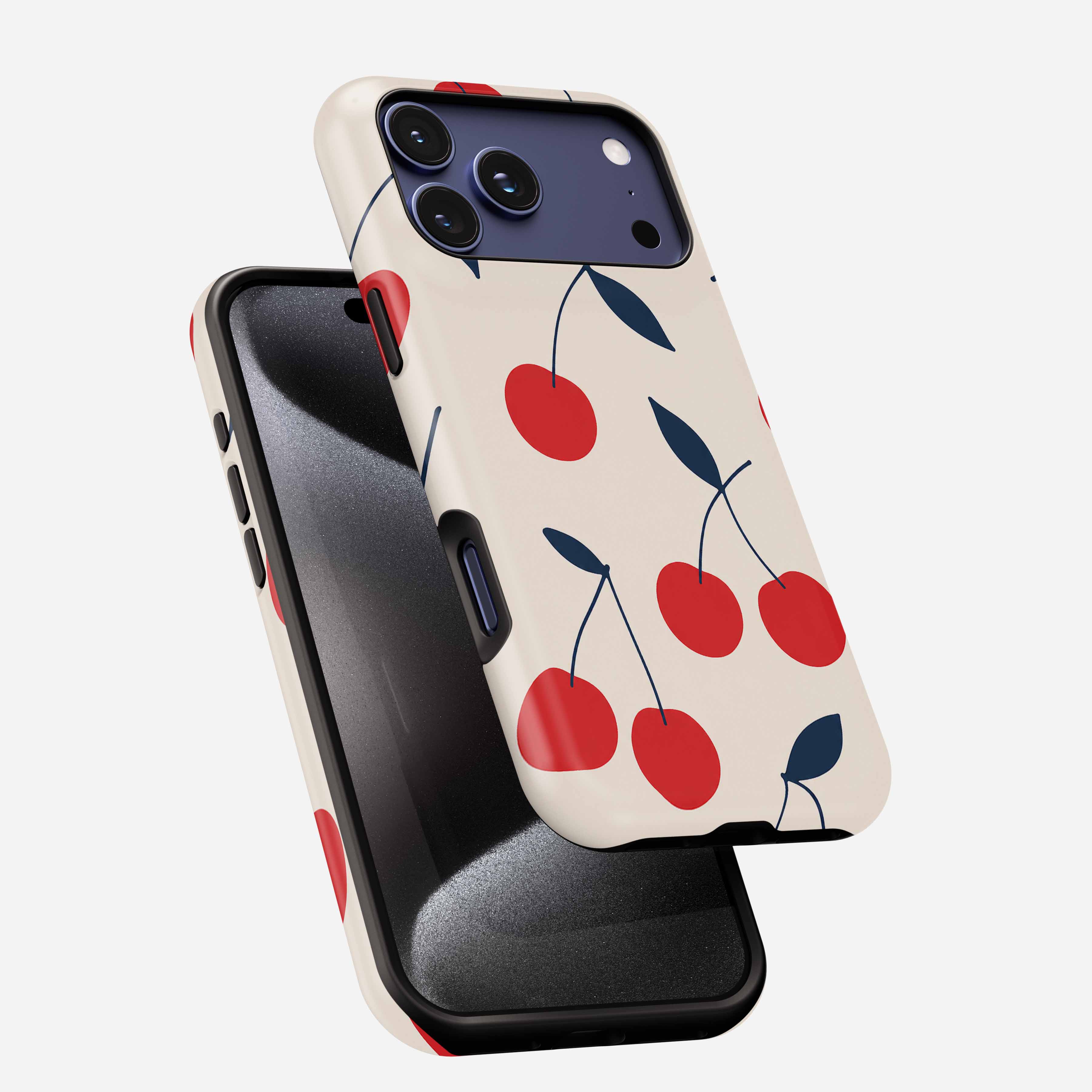 Cream Cherry - MagSafe Tough Phone Case with red cherry and navy leaf pattern, shown on phone with triple camera cutout.