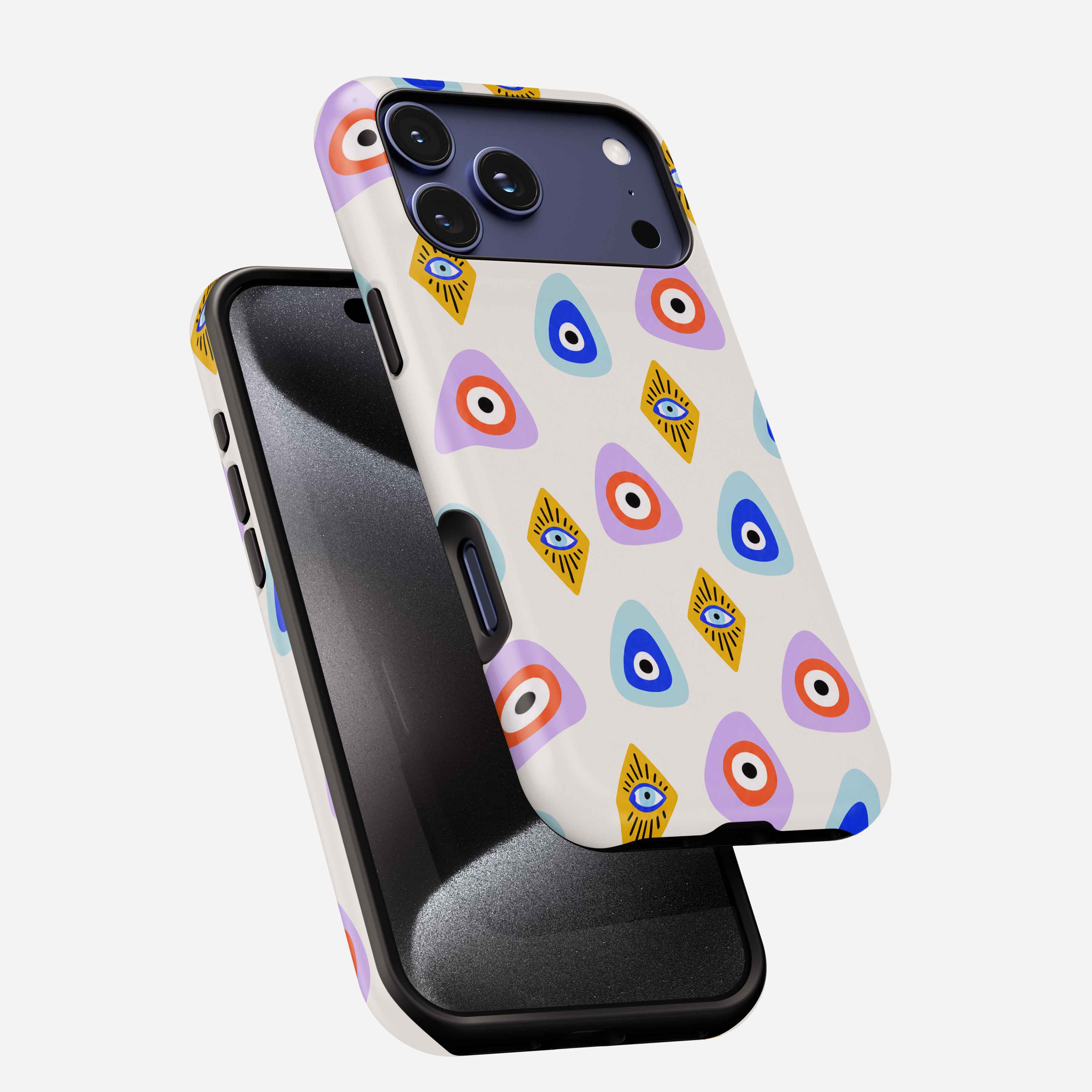 Eyes on You MagSafe Tough Phone Case with colorful evil eye and sun motifs on cream background.