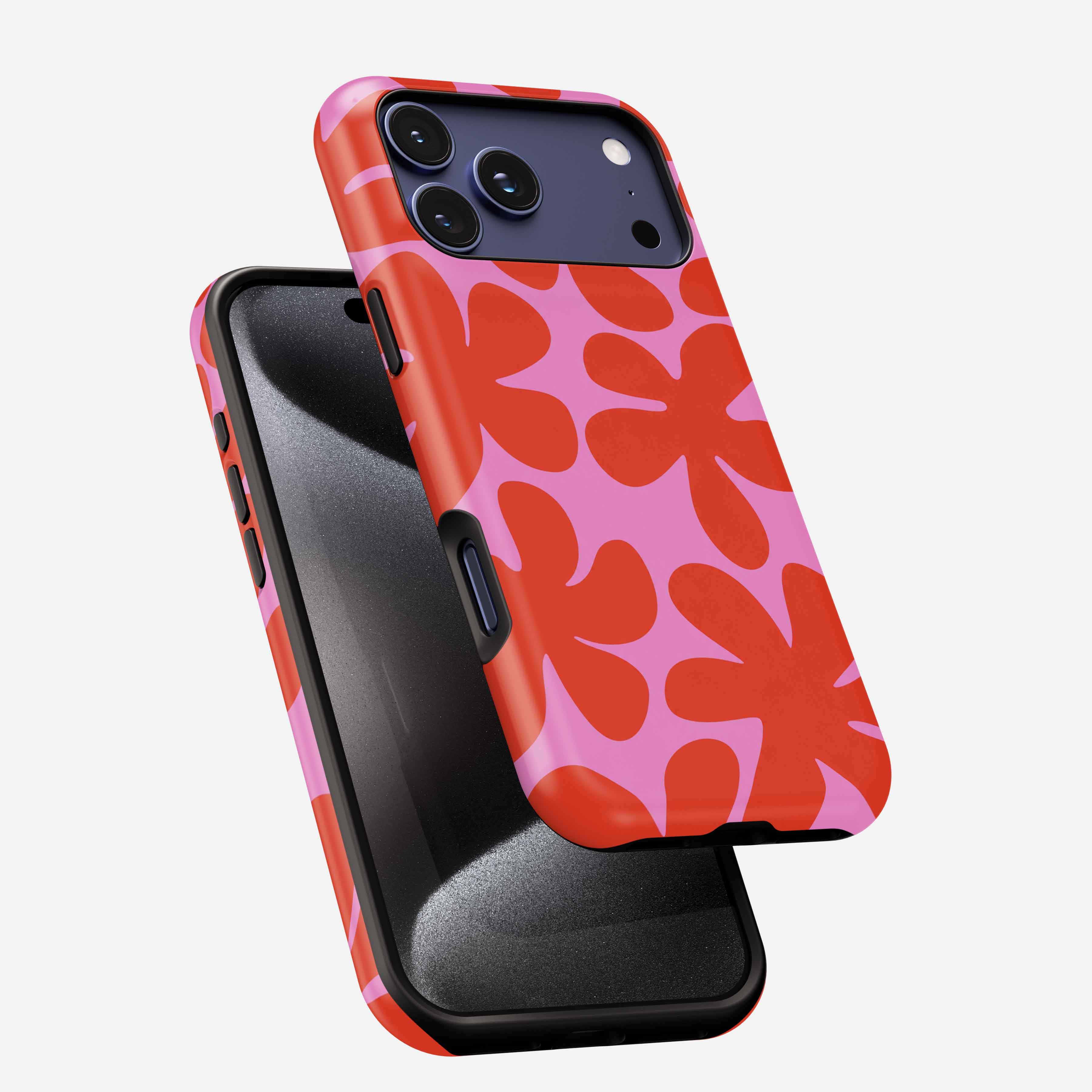 Red and pink floral patterned phone case with triple camera cutout and black interior lining.