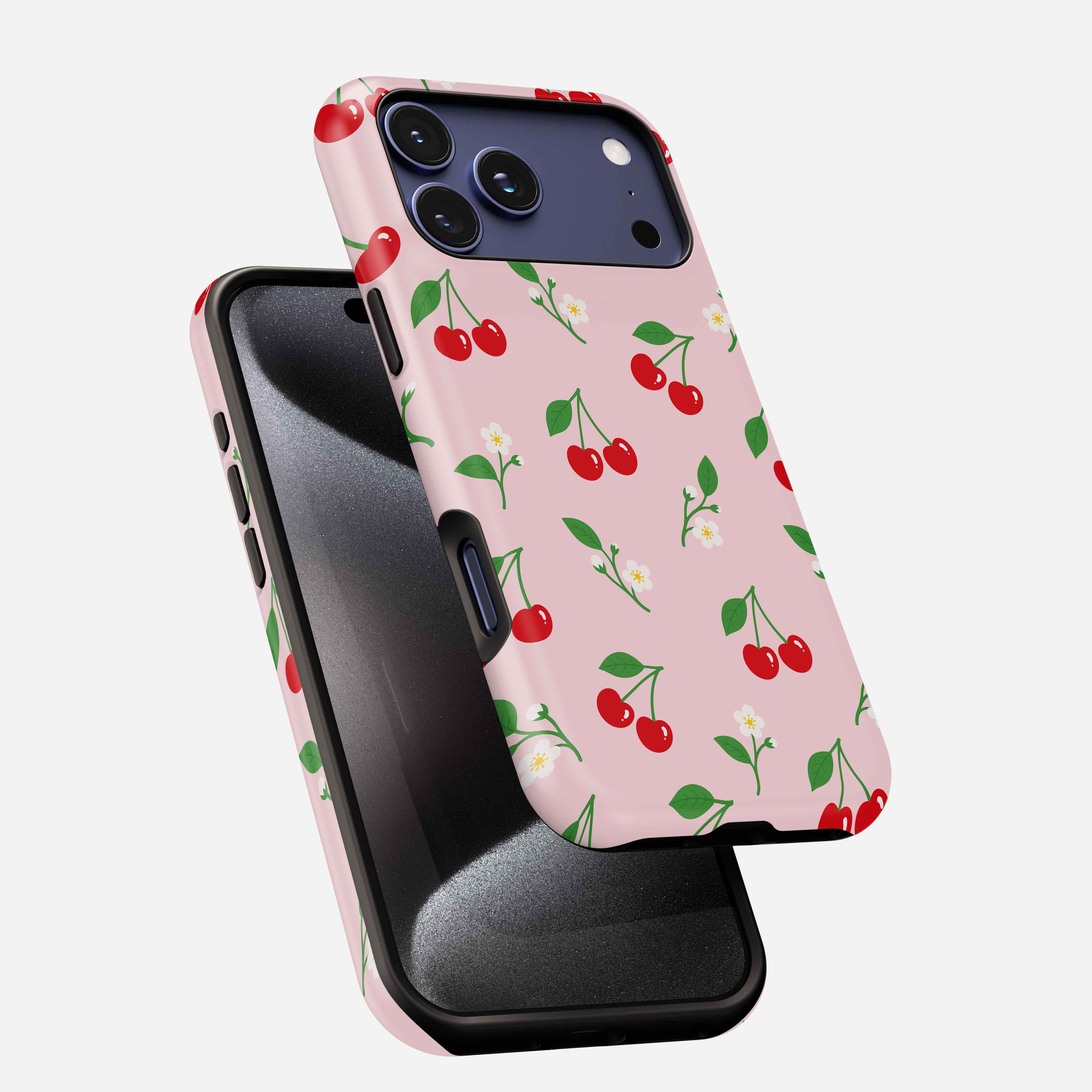 Cherry Summer MagSafe Tough Phone Case with red cherries and white flowers on pink background