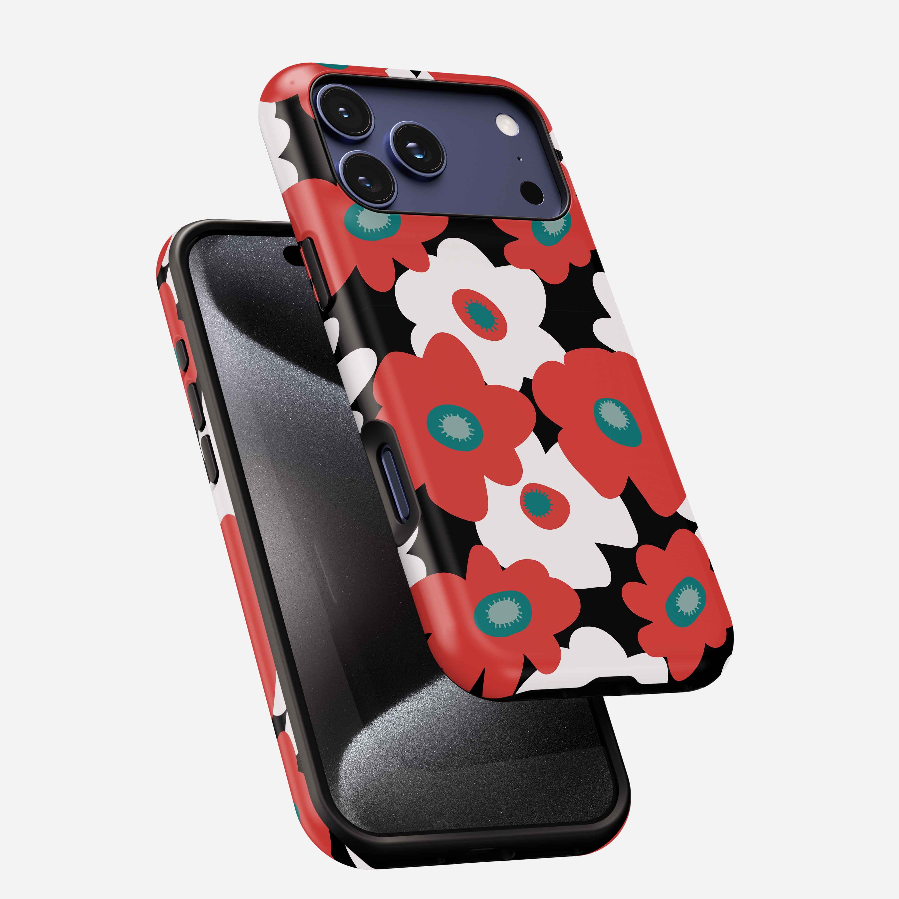Red, white, and teal poppy flowers on black MagSafe tough phone case, shown front and back view.