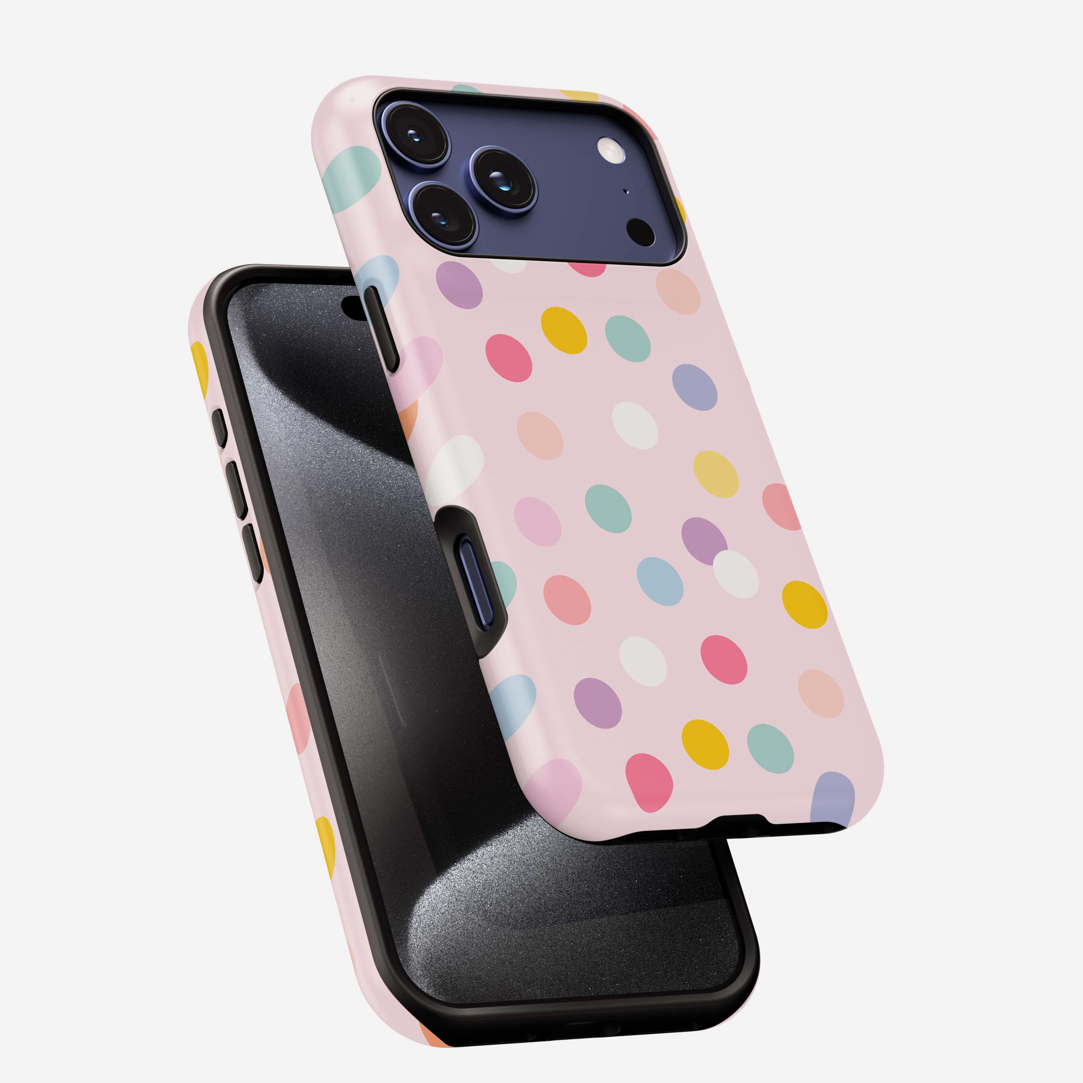 Cotton Candy polka dot MagSafe tough phone case with colorful dots on pink background