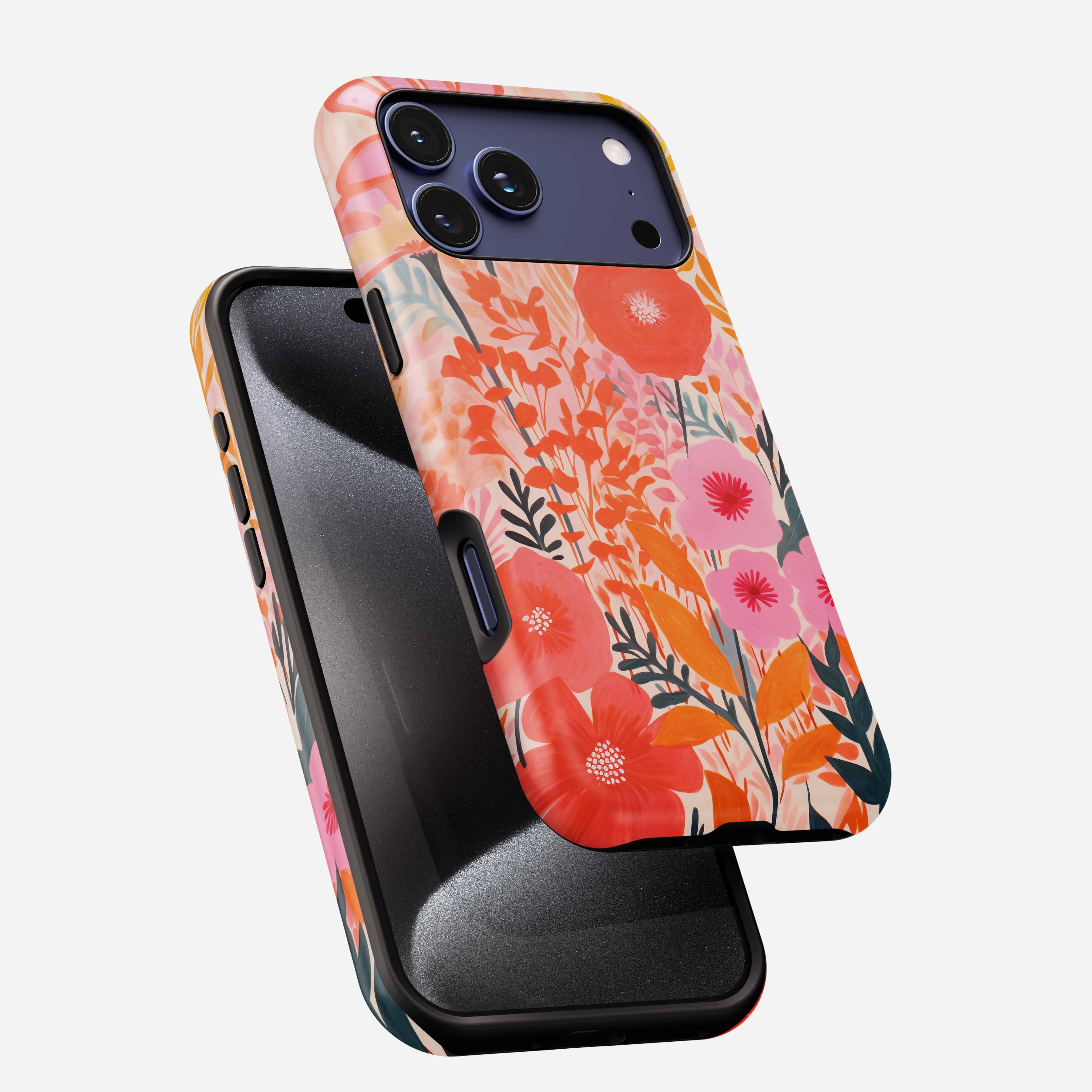 Colorful floral phone case with red, pink, and orange flowers on black background, shown on iPhone from front and back angles.