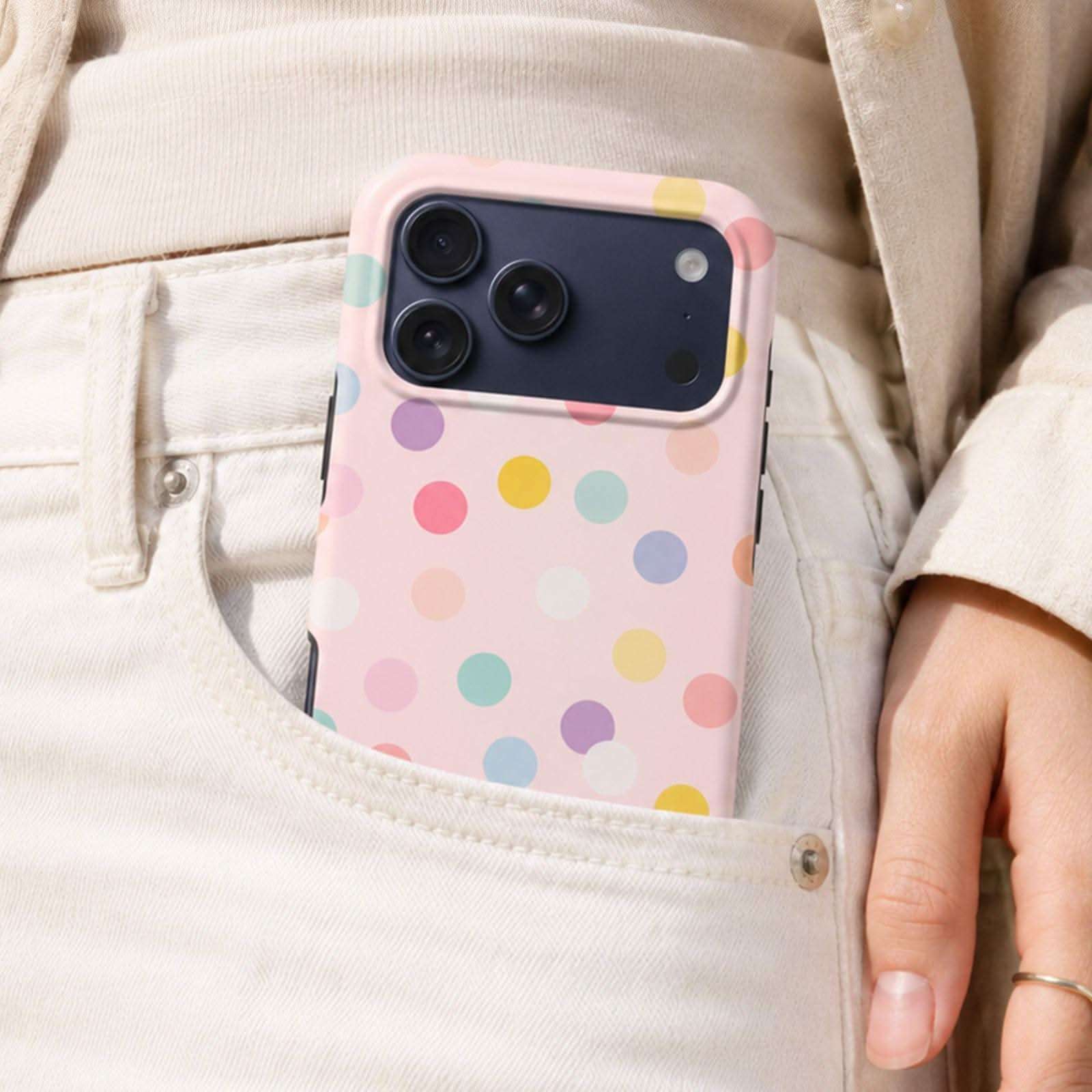 Cotton Candy MagSafe Tough Phone Case with colorful polka dots, displayed in cream pants pocket