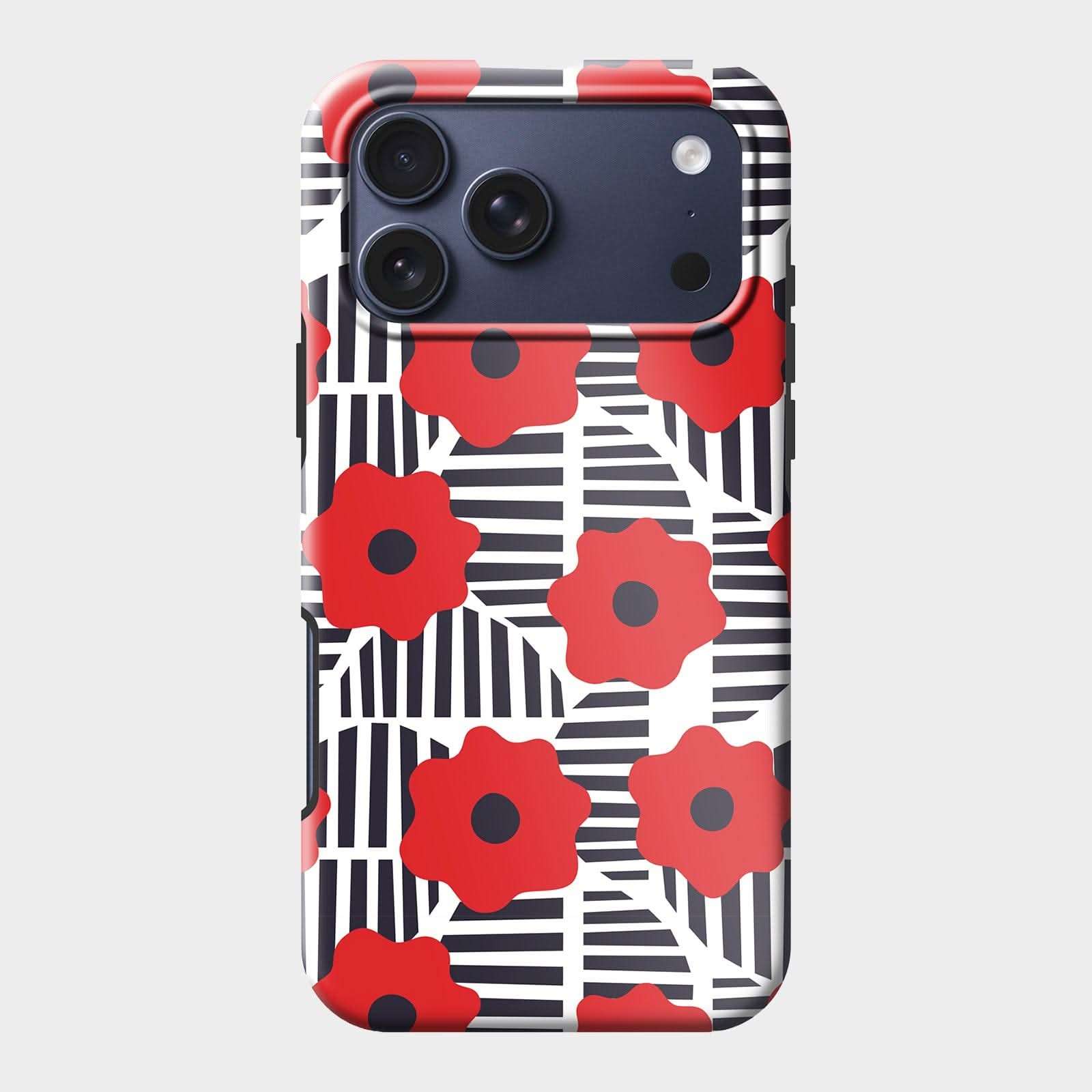 Red floral phone case with black and white striped geometric pattern and triple camera cutout.