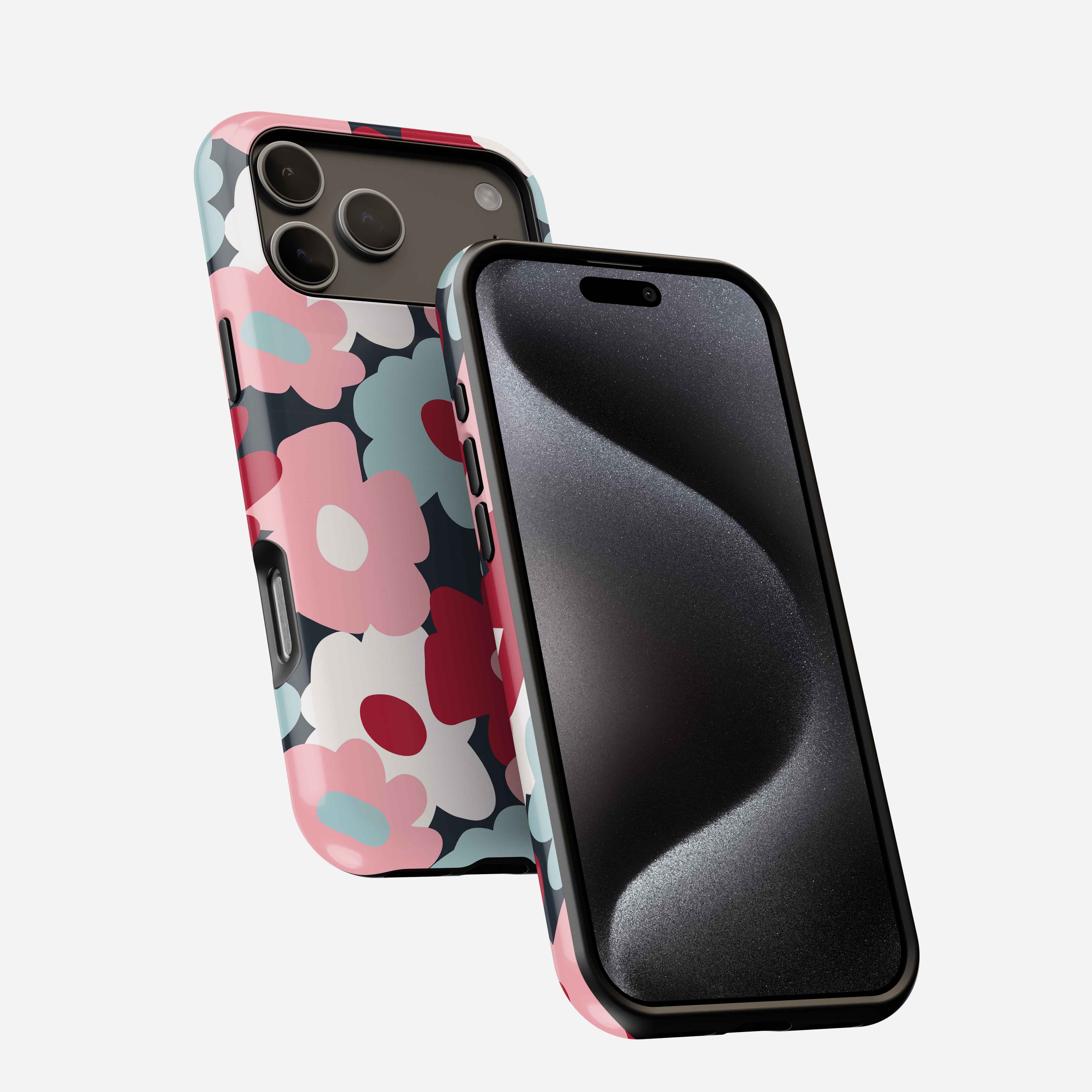 Floral patterned phone case in pink, red, and blue tones with triple camera cutout and MagSafe compatibility.