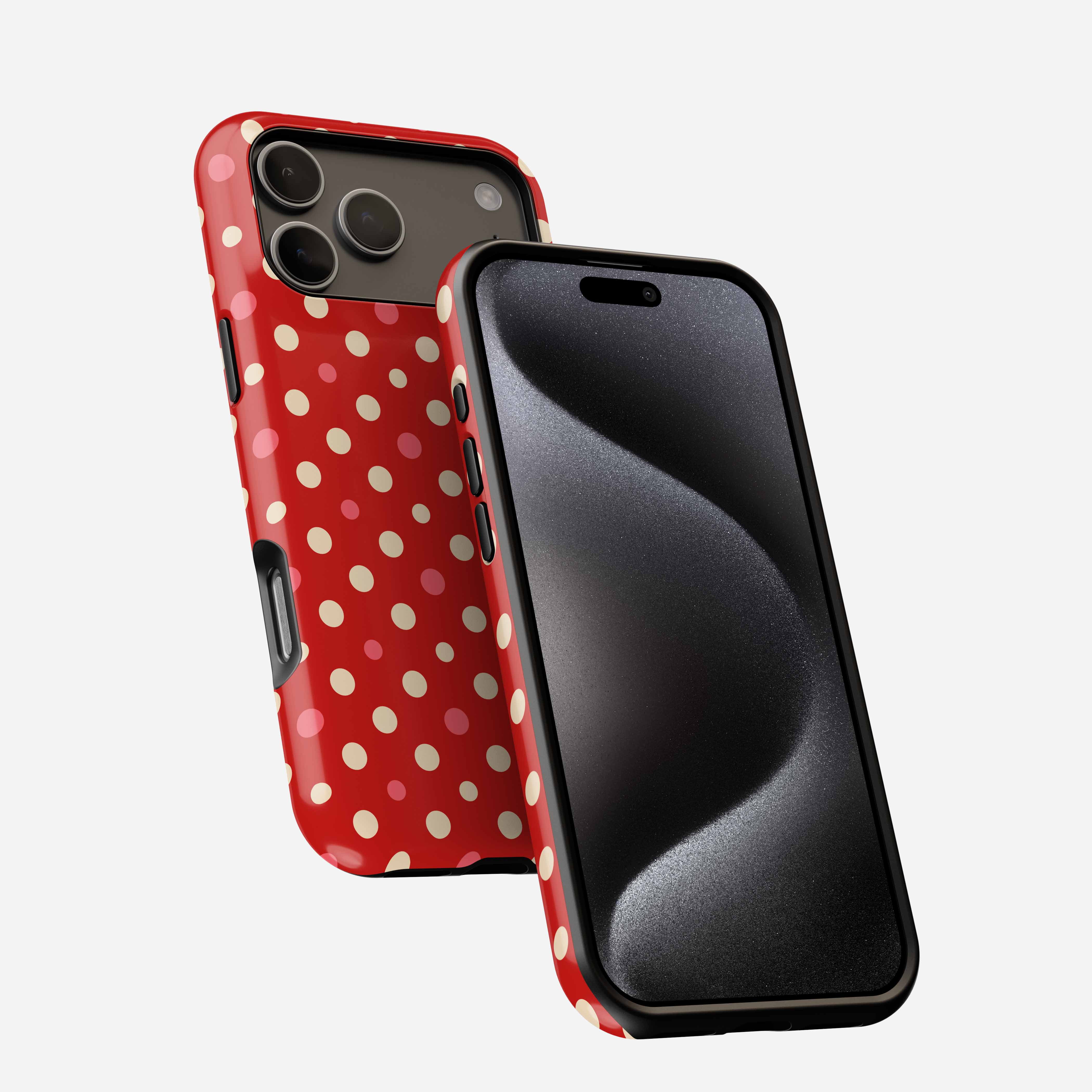 Red polka dot phone case with white dots, shown front and back on smartphone with triple camera setup.