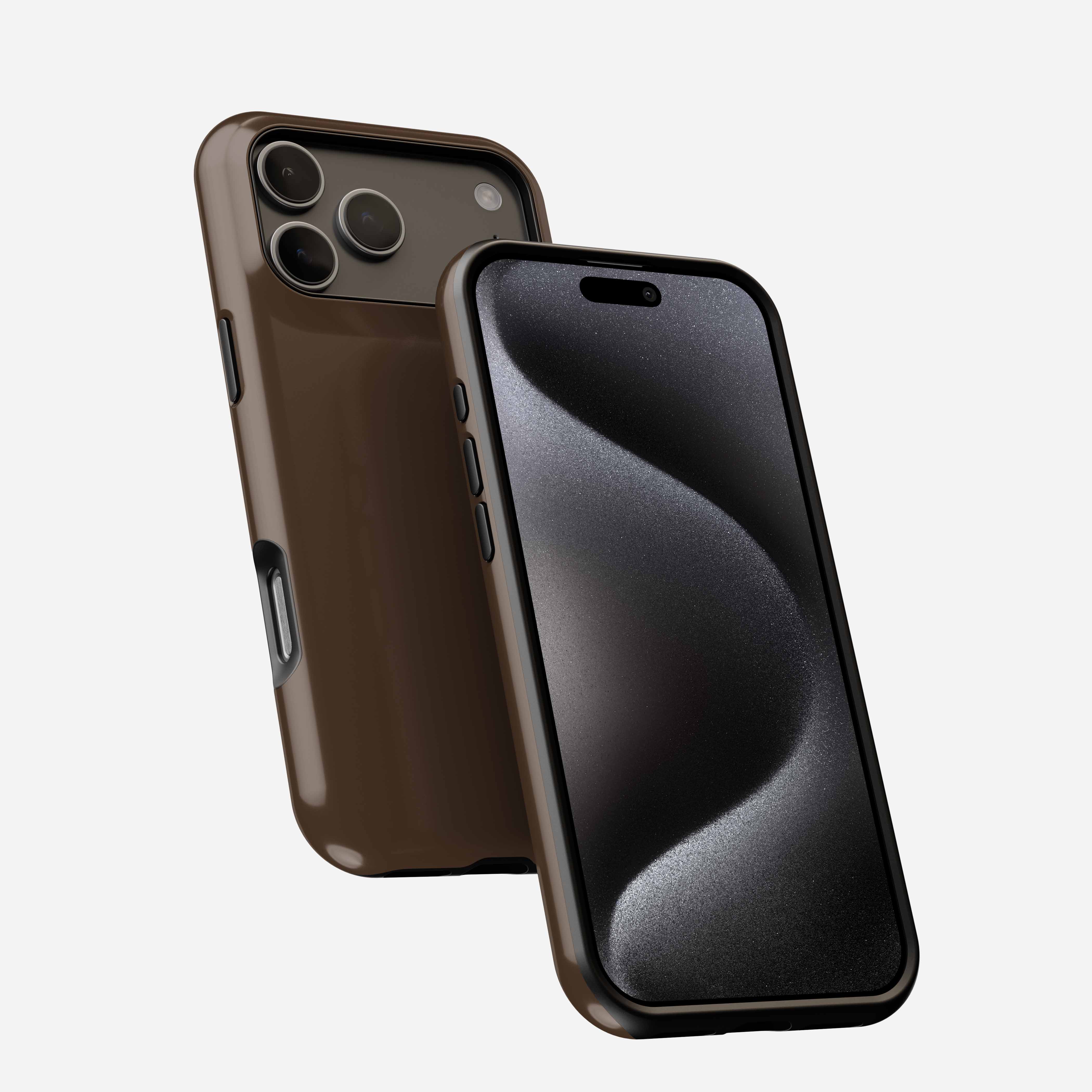 Espresso MagSafe Tough Phone Case in brown, shown front and back with triple camera setup visible.
