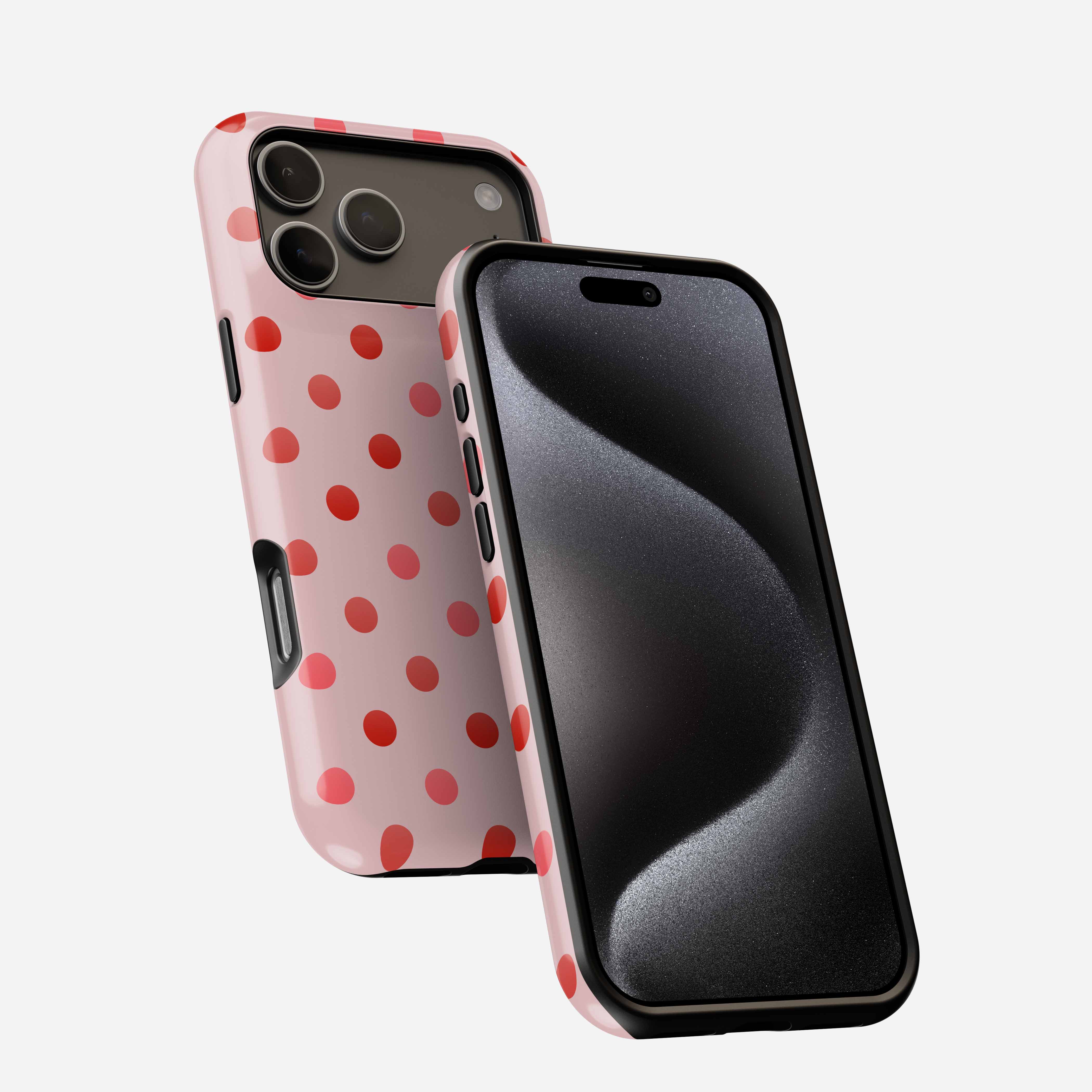 Pink phone case with red polka dots, triple camera cutout, shown front and back views.