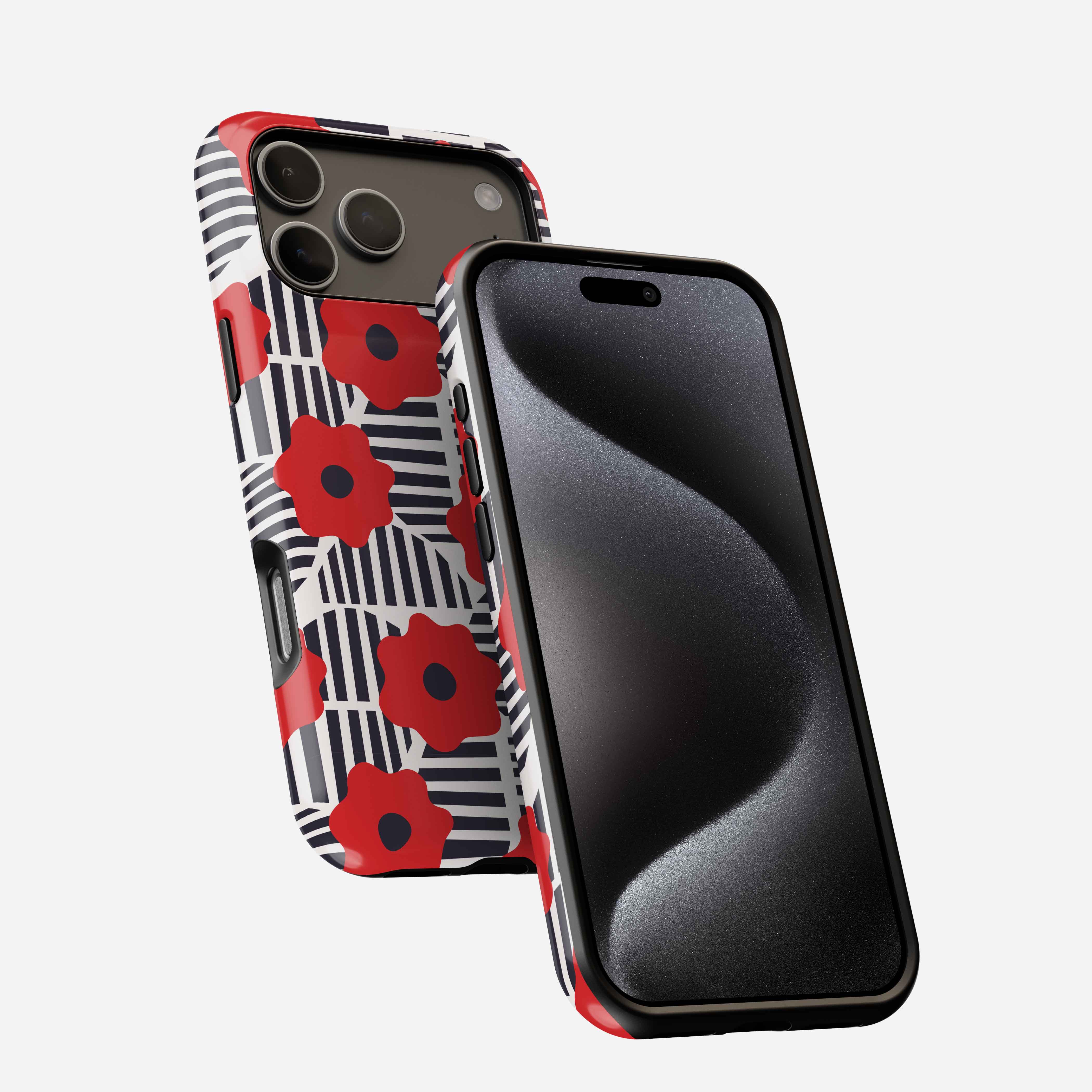 Red and black geometric patterned MagSafe phone case with striped and floral design elements