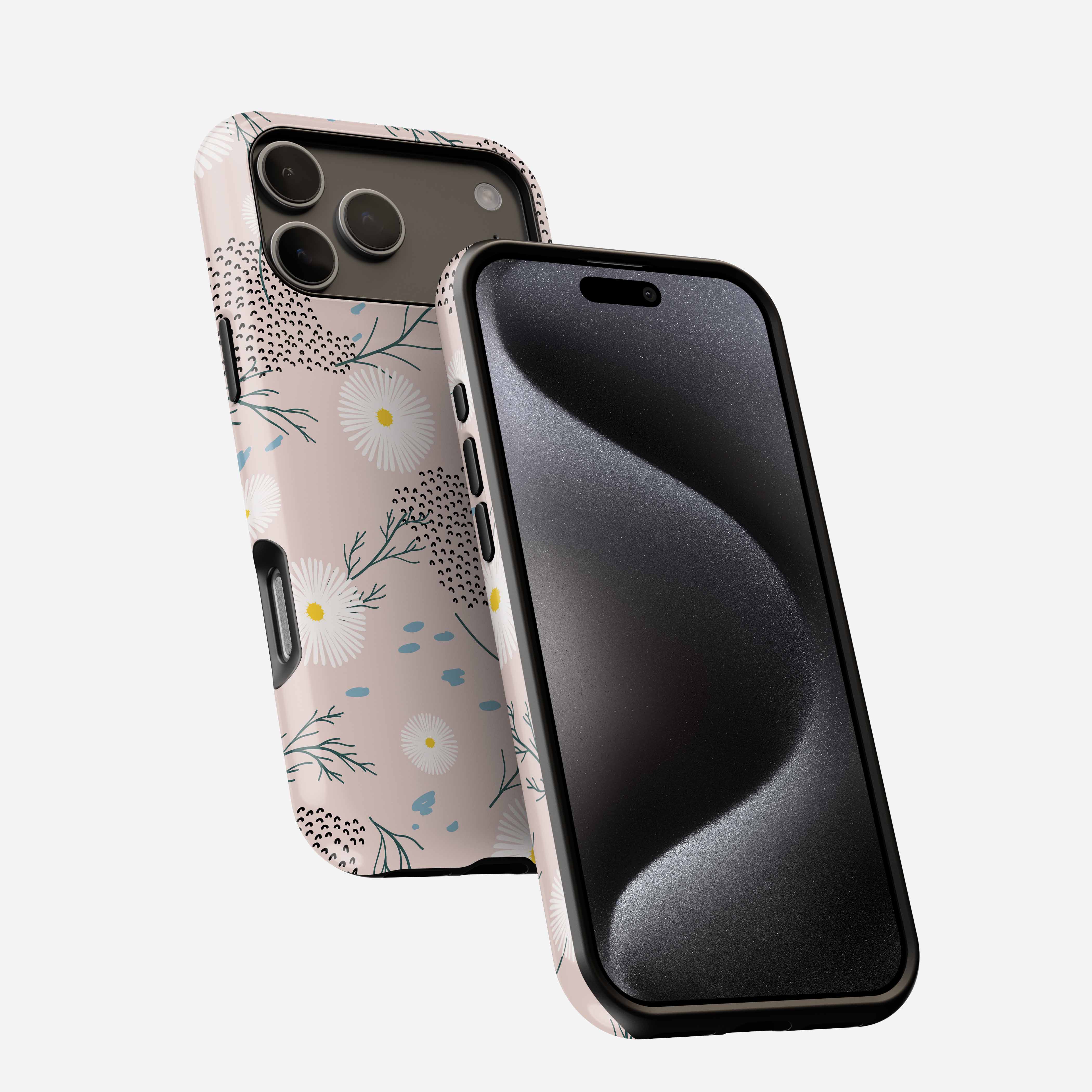 Daisy Haze MagSafe Tough Phone Case with floral and dotted pattern on pink background, shown front and back.