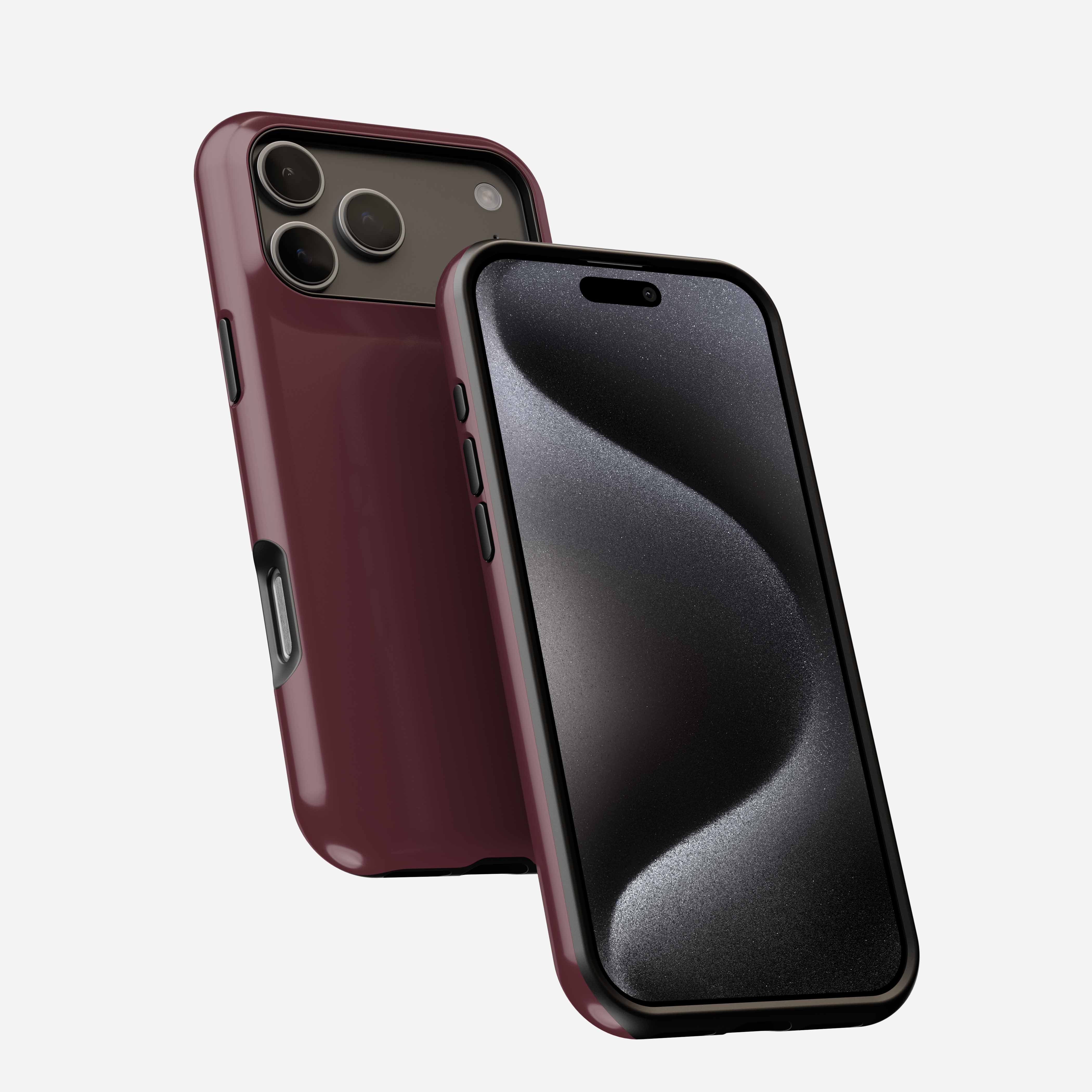 Deep Burgundy MagSafe Tough Phone Case for iPhone, front and back view with triple camera system visible.