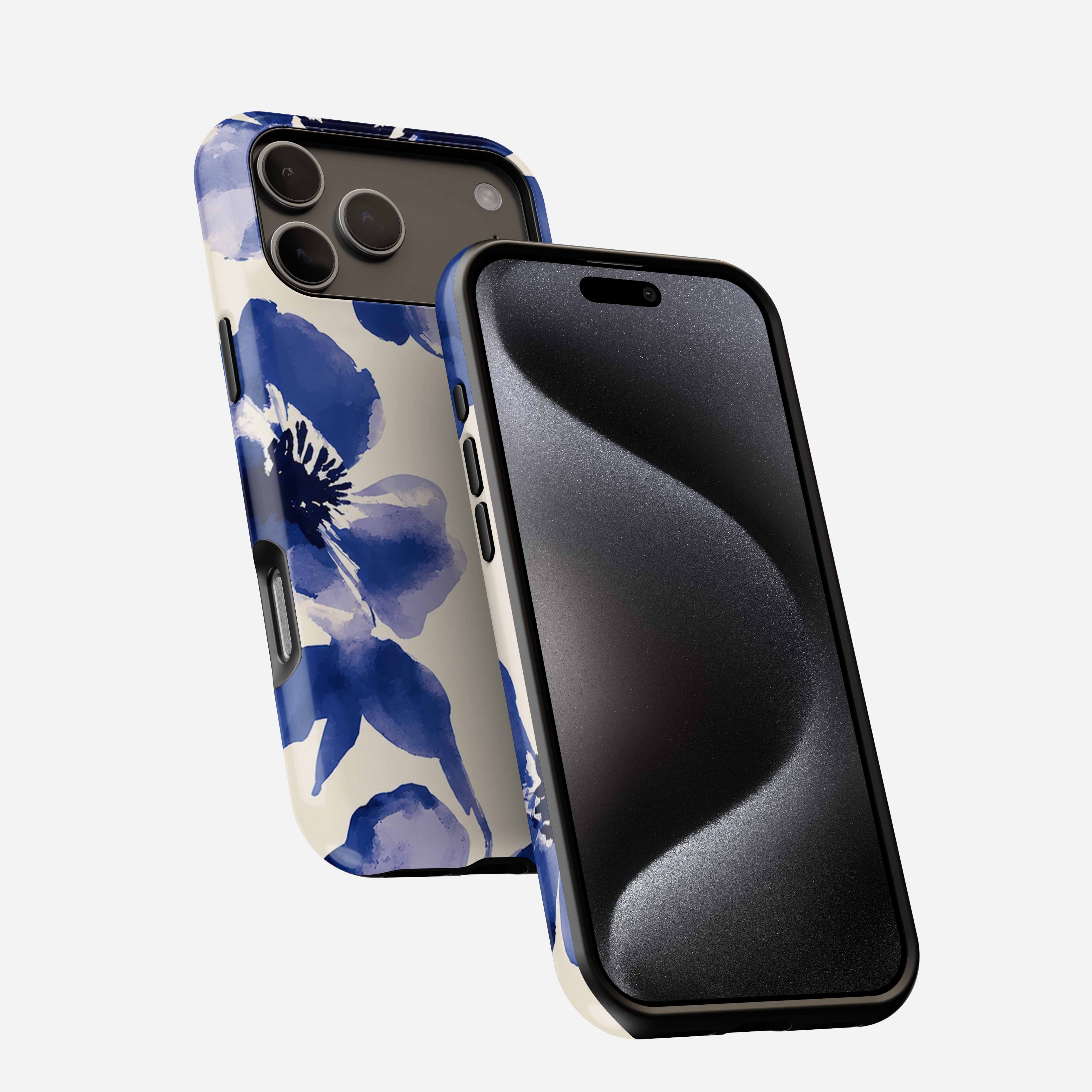 Blue Muse MagSafe Tough Phone Case with floral pattern, shown front and back views.
