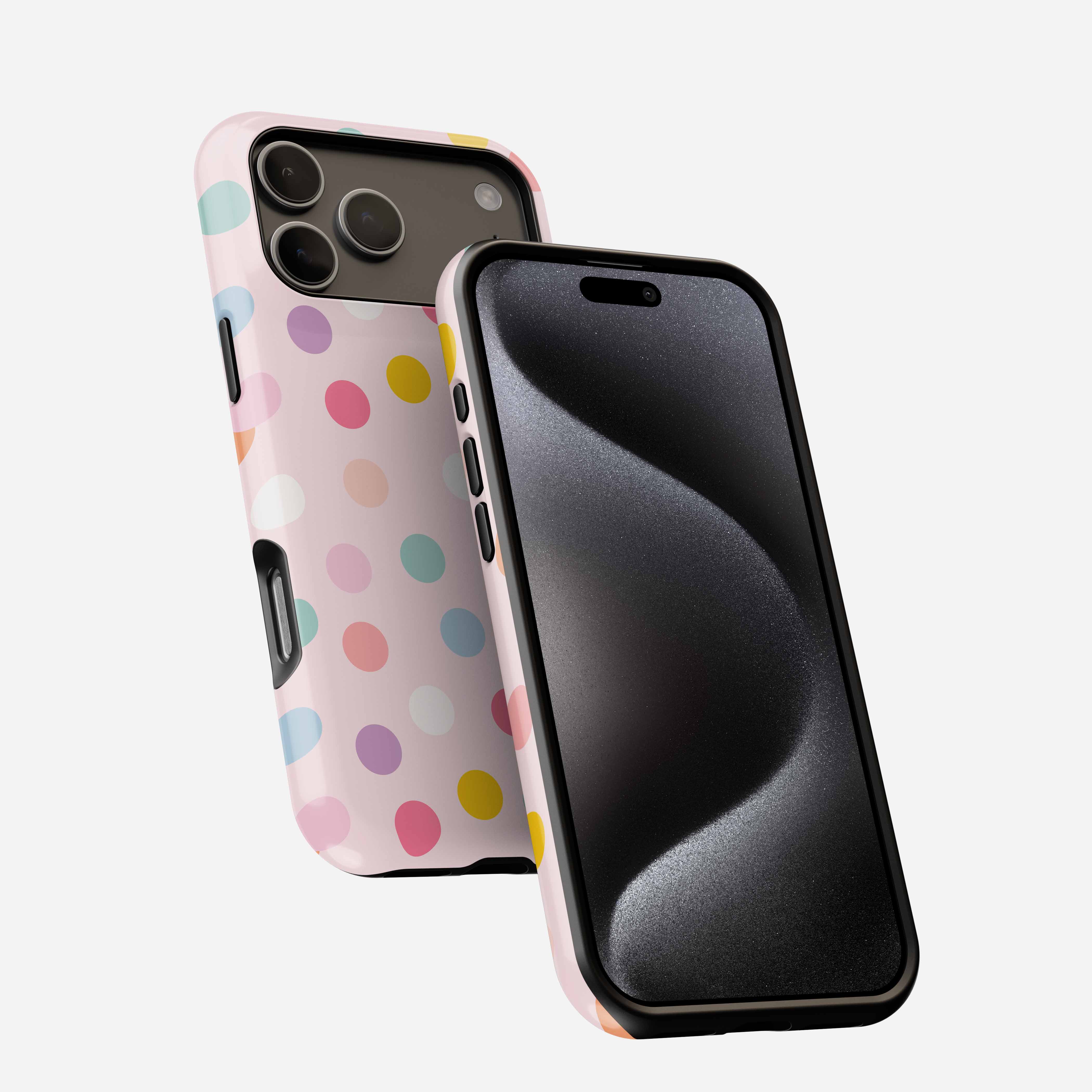 Cotton Candy MagSafe Tough Phone Case with colorful polka dots, shown front and back on smartphone.