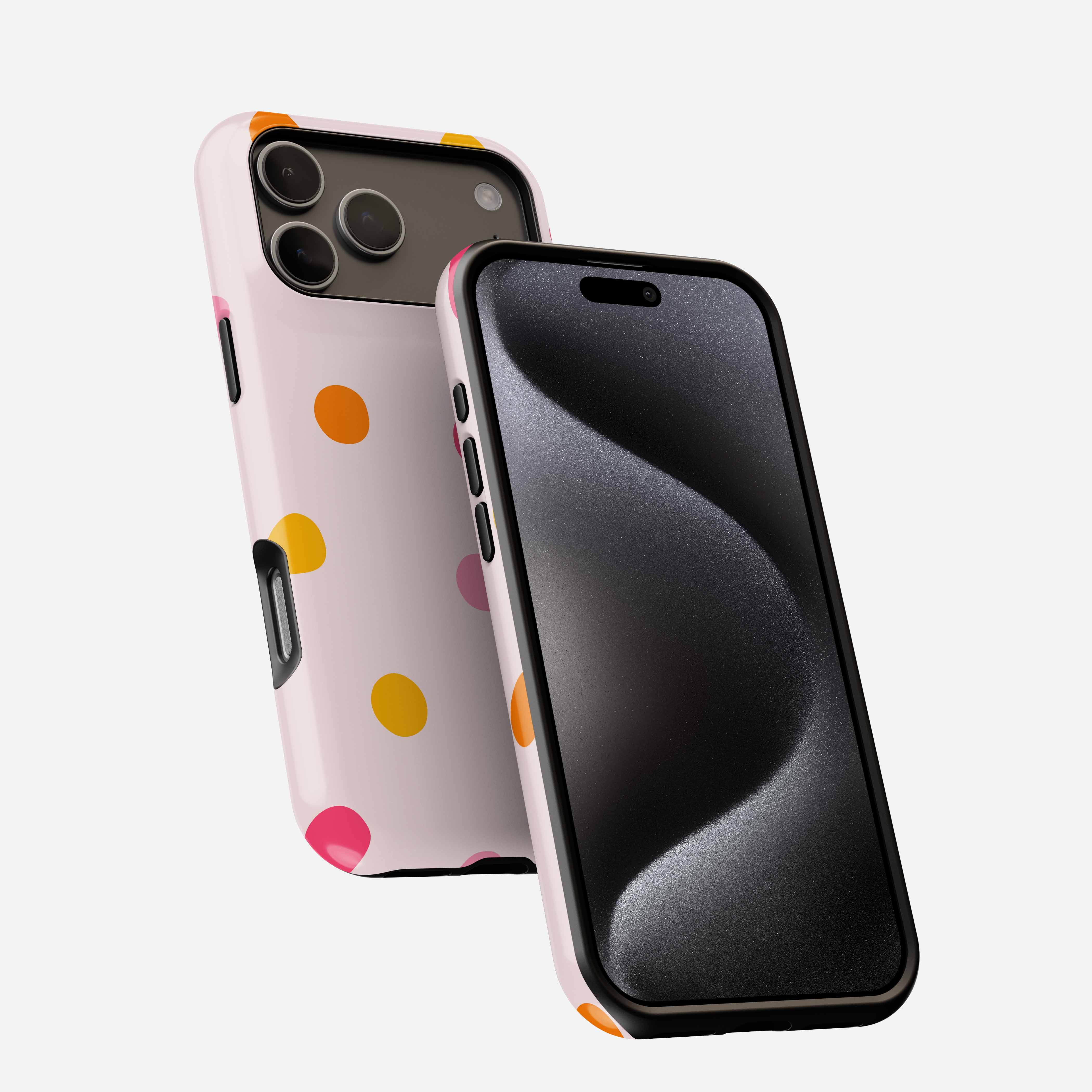 Sorbet Dots MagSafe Tough Phone Case in light pink with colorful polka dots, shown front and back.
