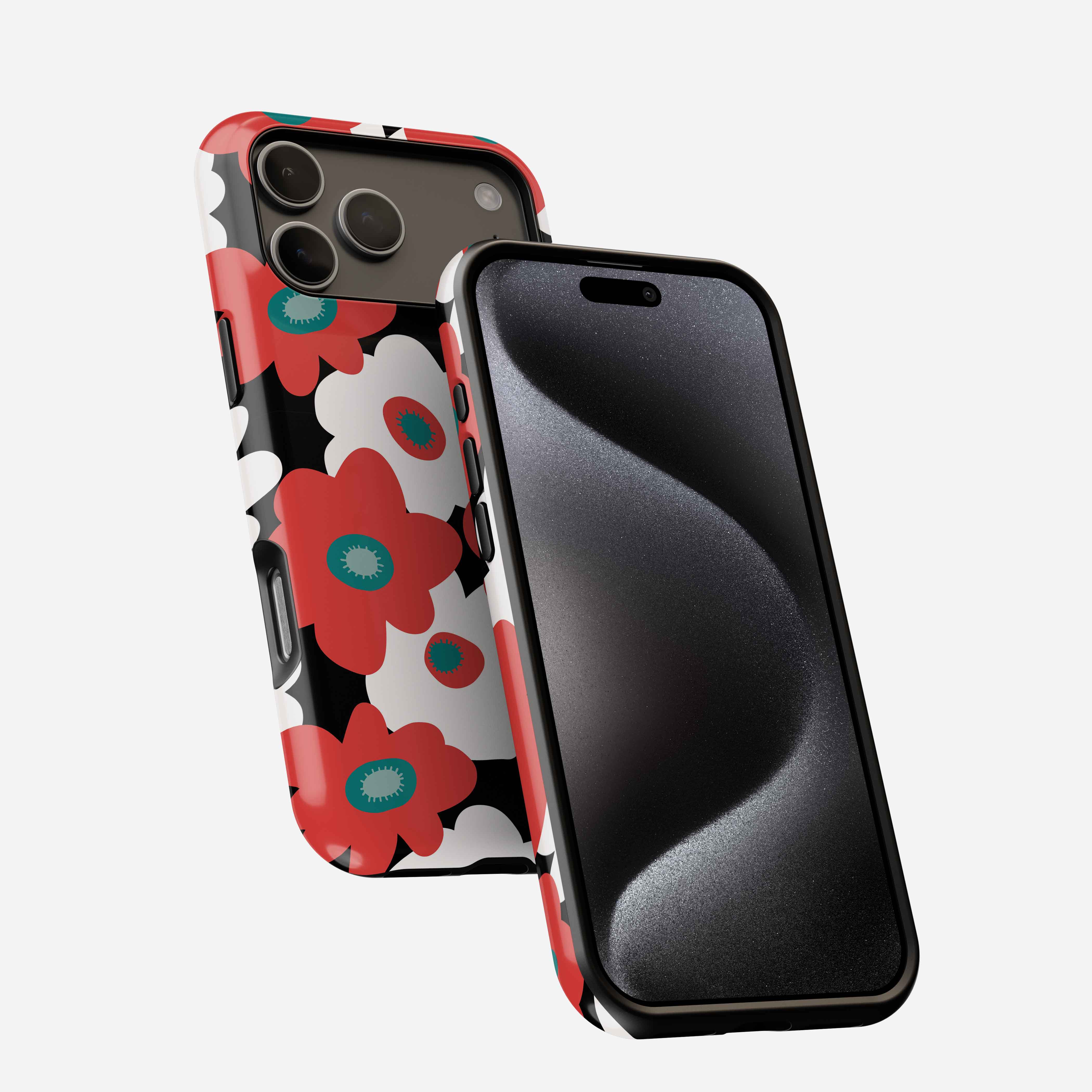 Red floral patterned MagSafe phone case with white and black flowers, shown on iPhone from front and back angles.