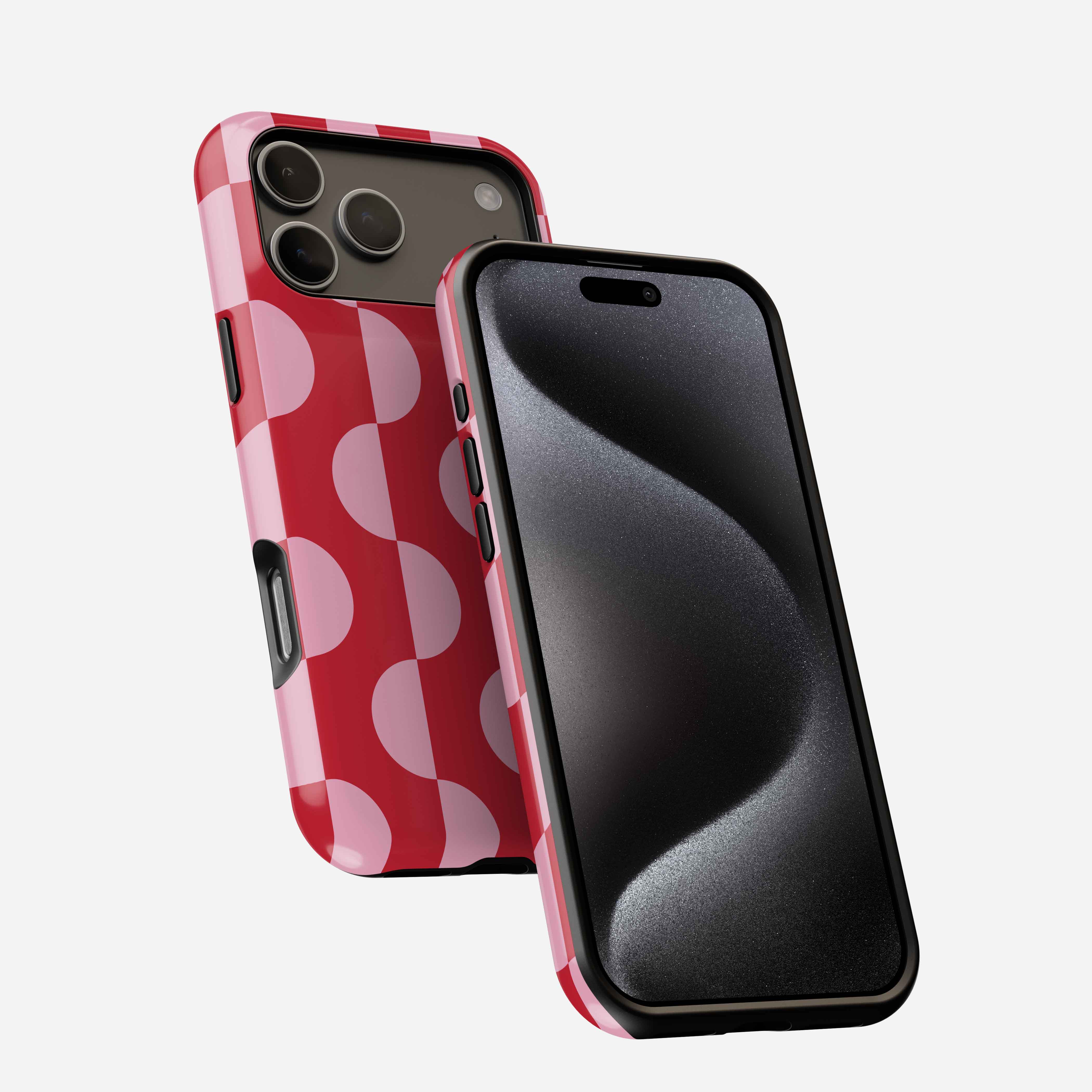 Red and pink checkered MagSafe tough phone case with triple camera cutout, shown on iPhone from front and back angles.