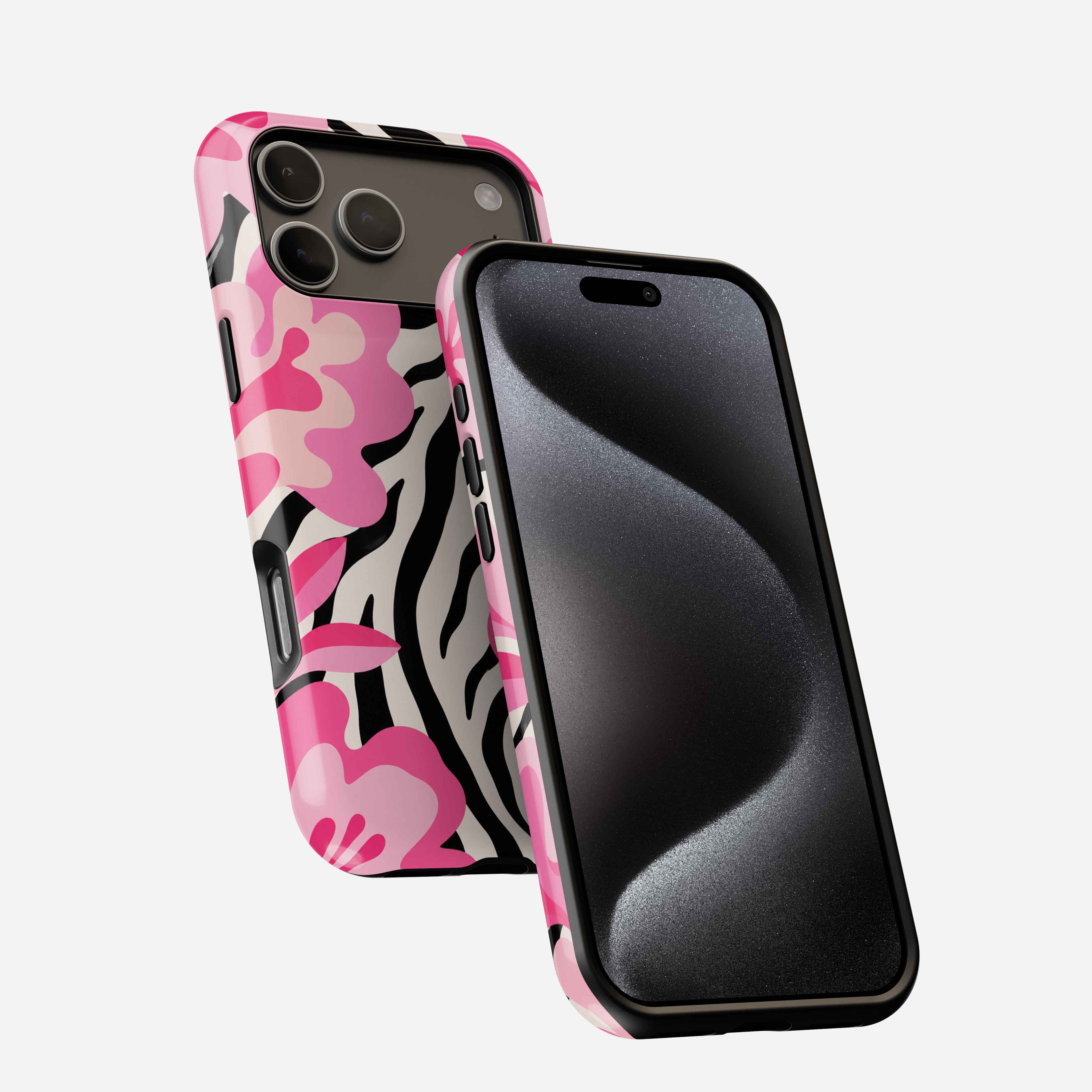 Pink Safari MagSafe Tough Phone Case with bold floral and zebra stripe pattern, shown on iPhone from front and back angles.