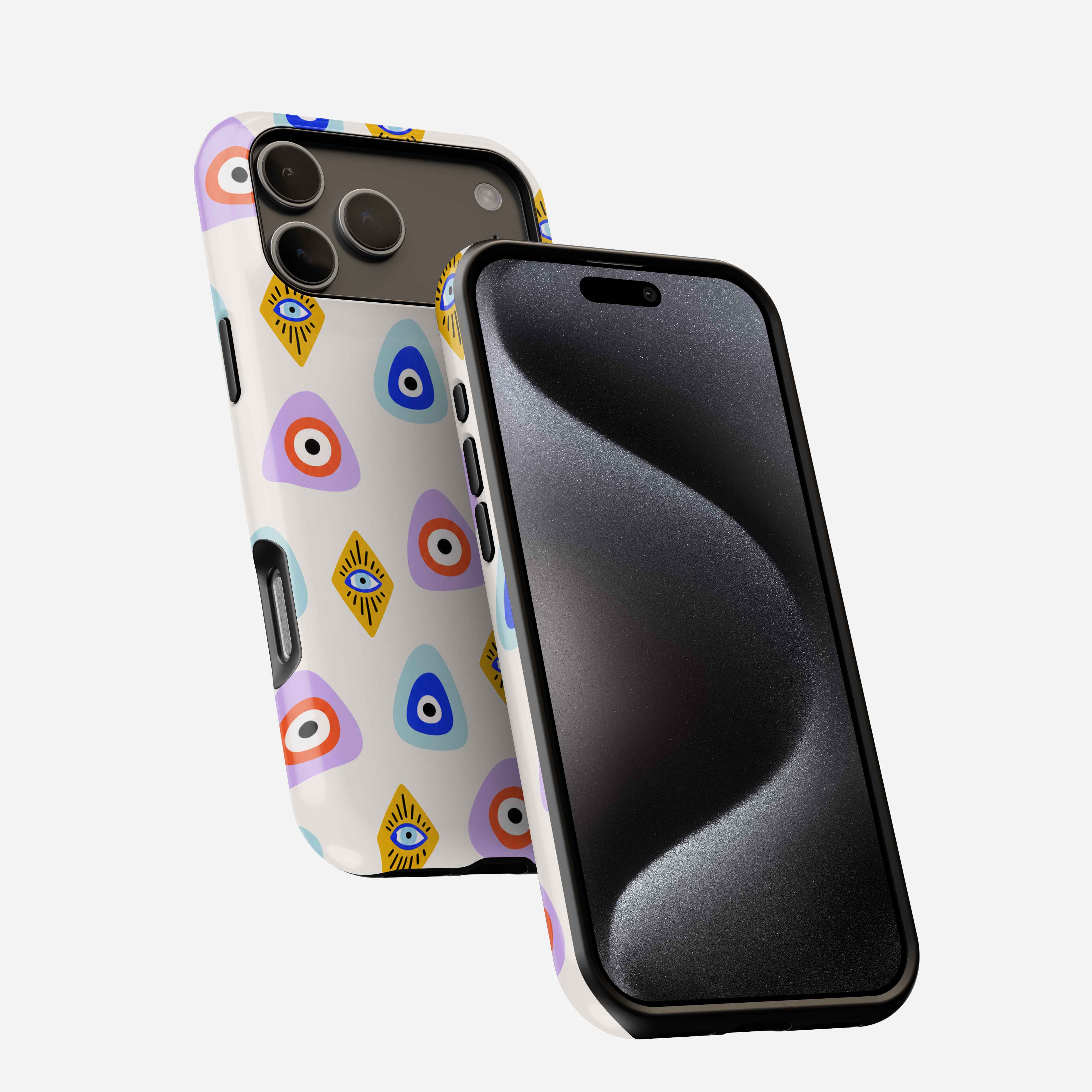Eyes on You MagSafe Tough Phone Case with colorful evil eye pattern on white background, shown front and back.