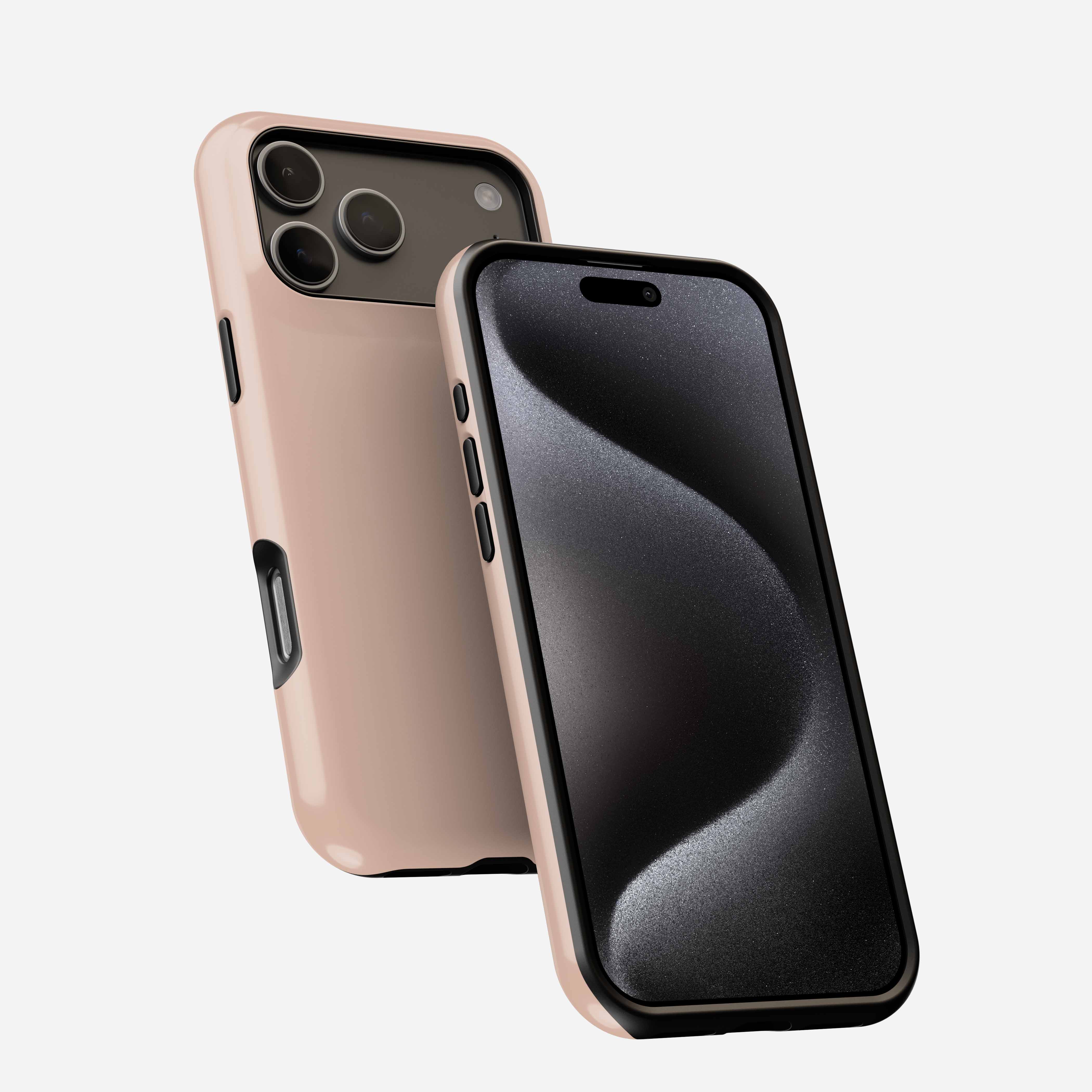 Peach Fuzz MagSafe tough phone case shown front and back on iPhone with triple camera lens and protective design.