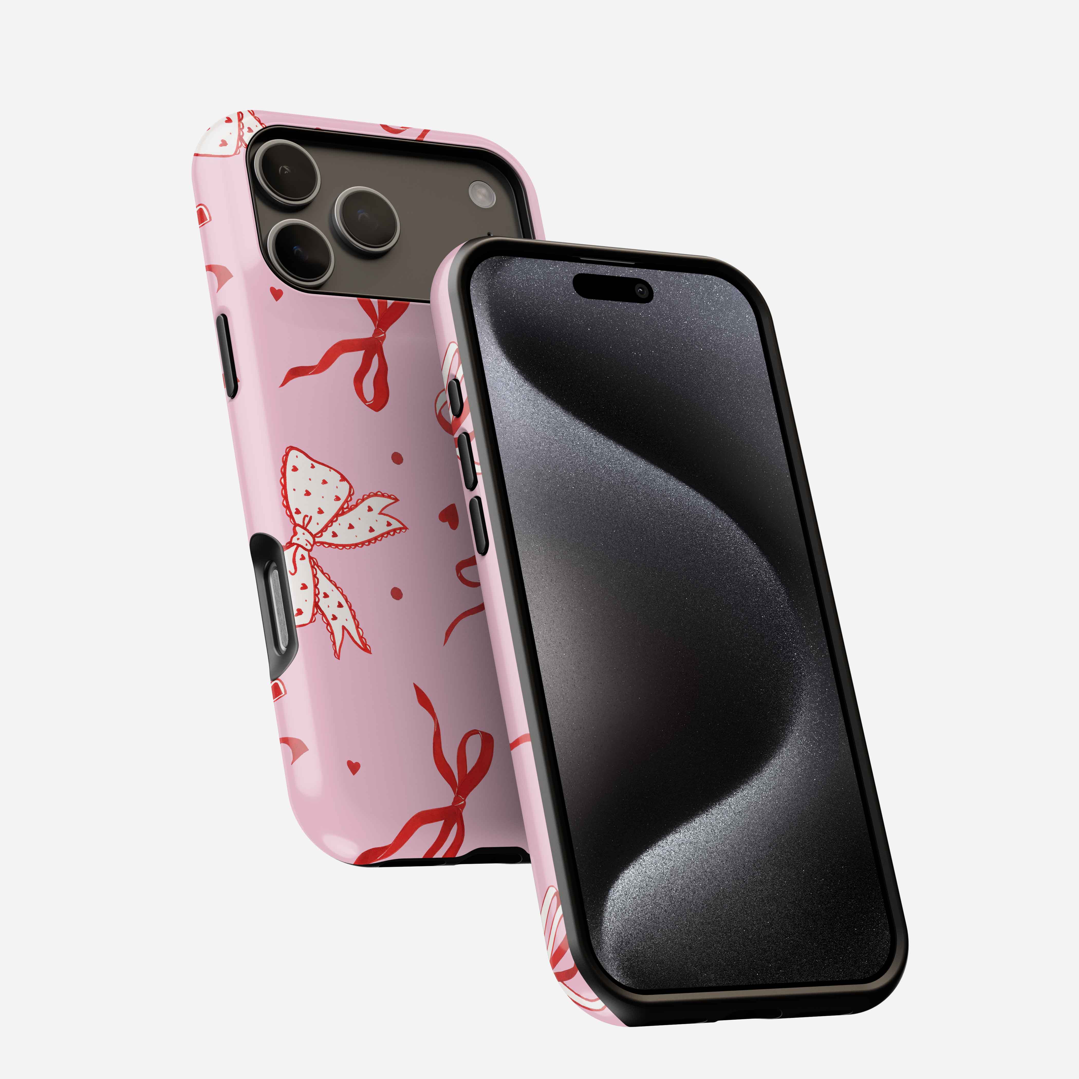 Pink phone case with red ribbon and floral pattern, shown front and back views with camera cutout visible.