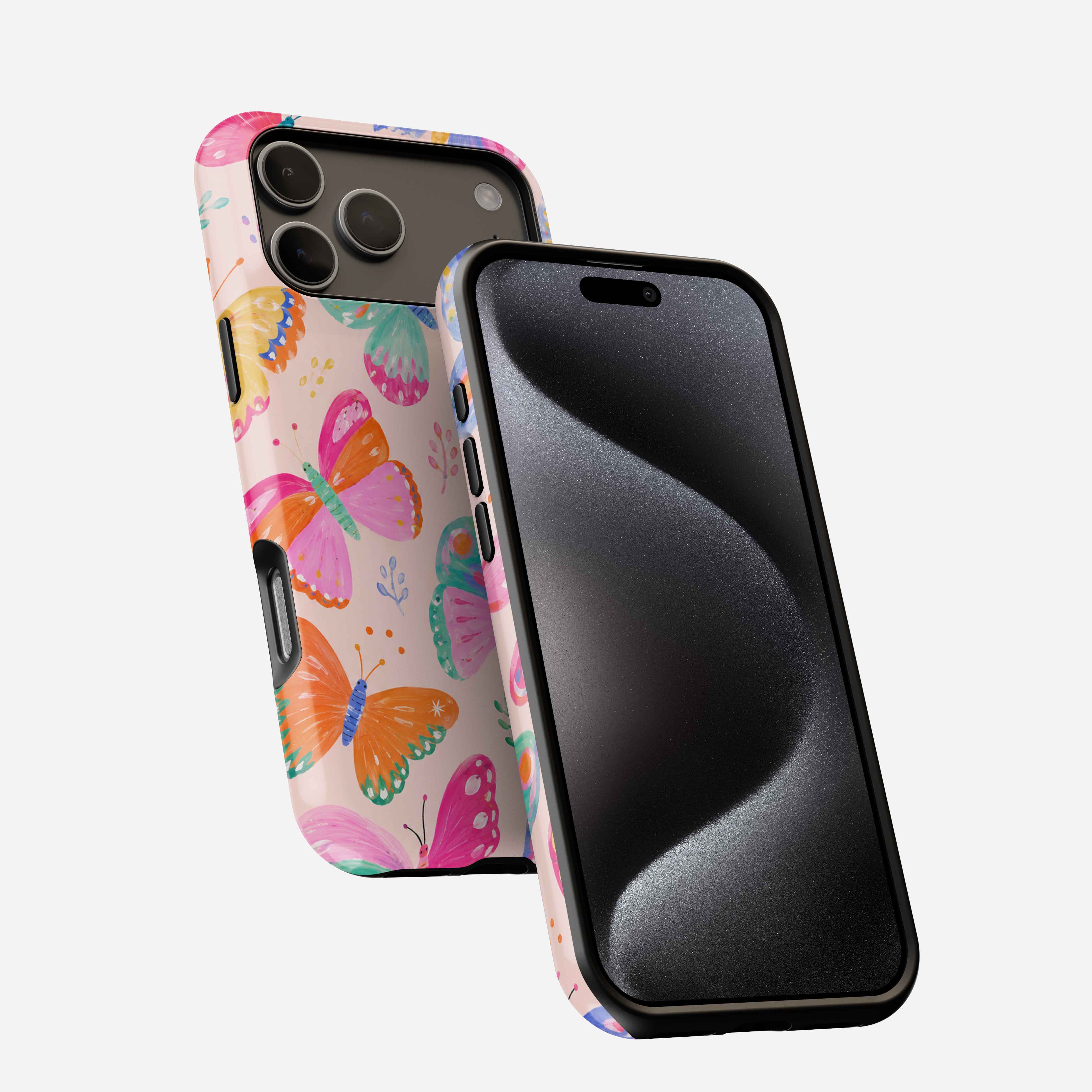 Colorful butterfly-patterned phone case with triple camera cutout, displayed open and closed view.