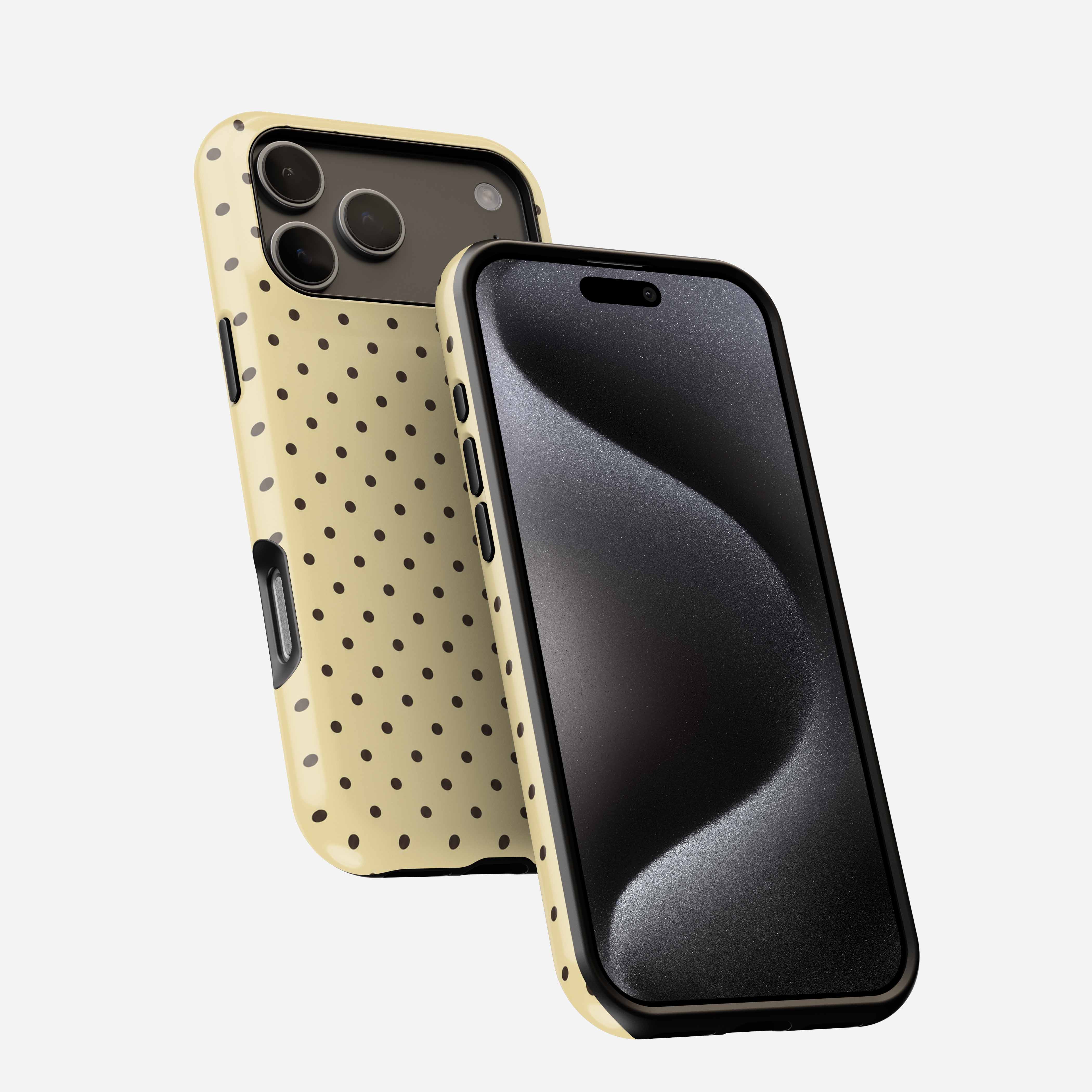 Butter Dots MagSafe Tough Phone Case in cream with black polka dots, shown front and back views.