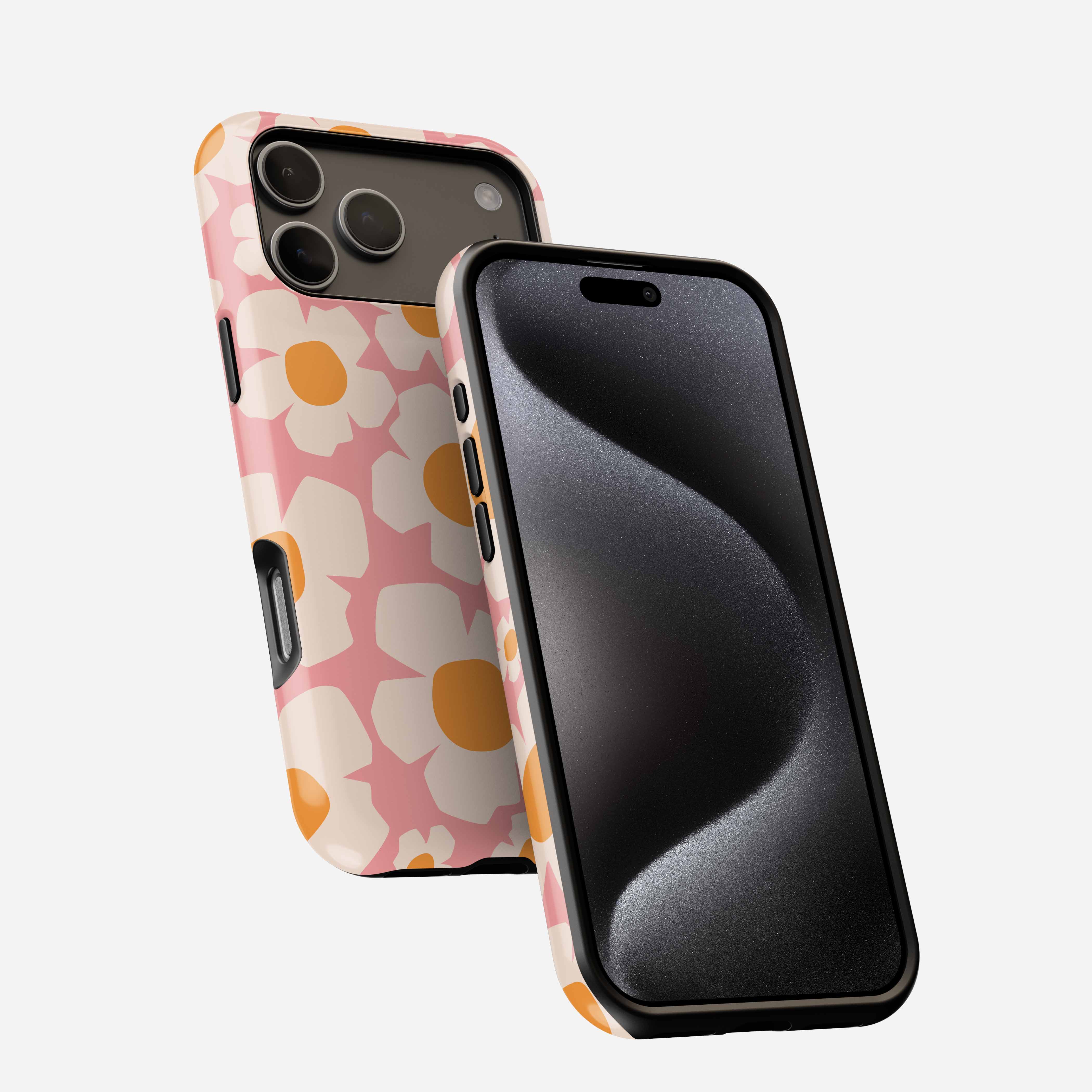 Apricot Milk MagSafe Tough Phone Case with floral pattern, shown front and back on smartphone.