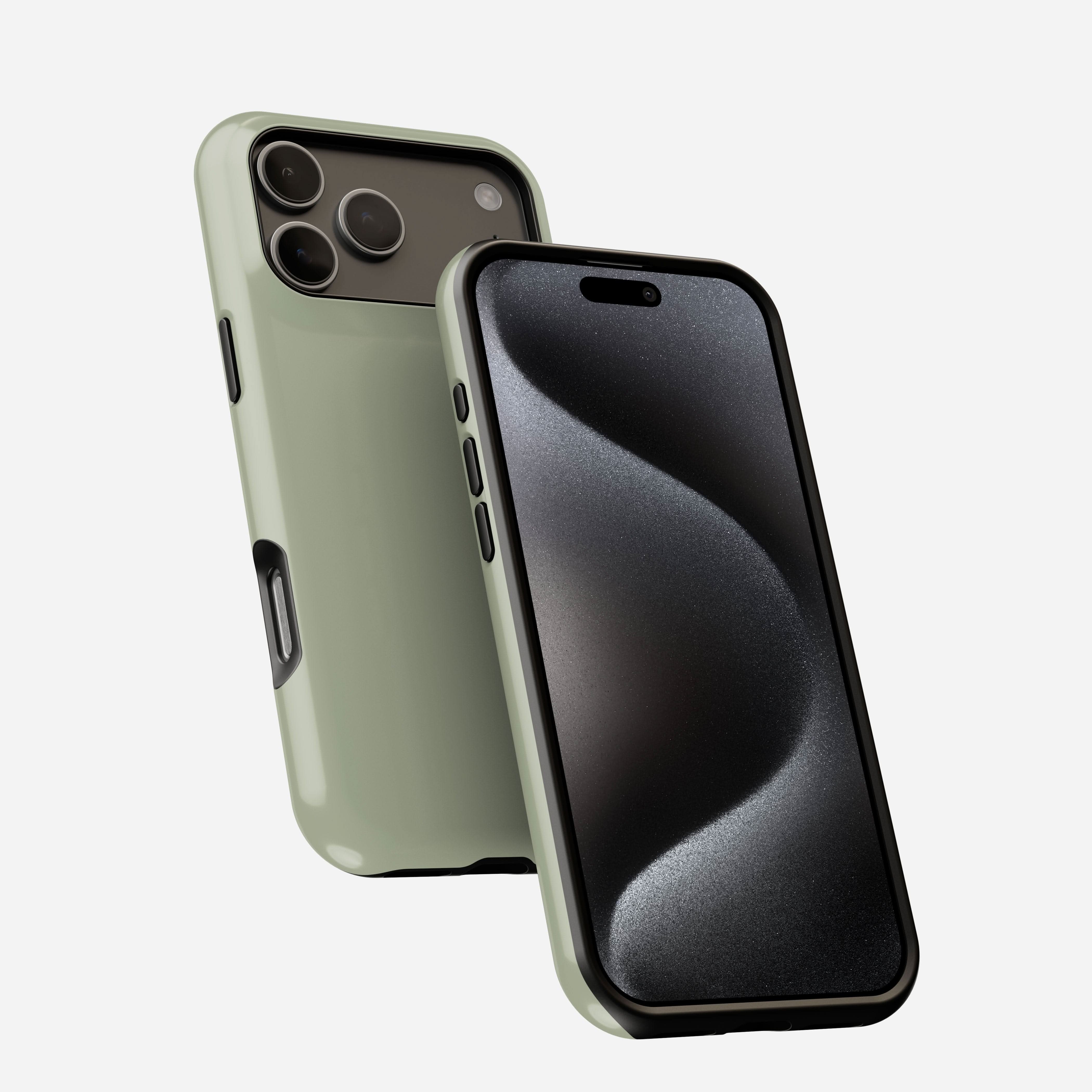 Sage green MagSafe tough phone case shown front and back on smartphone with triple camera system.