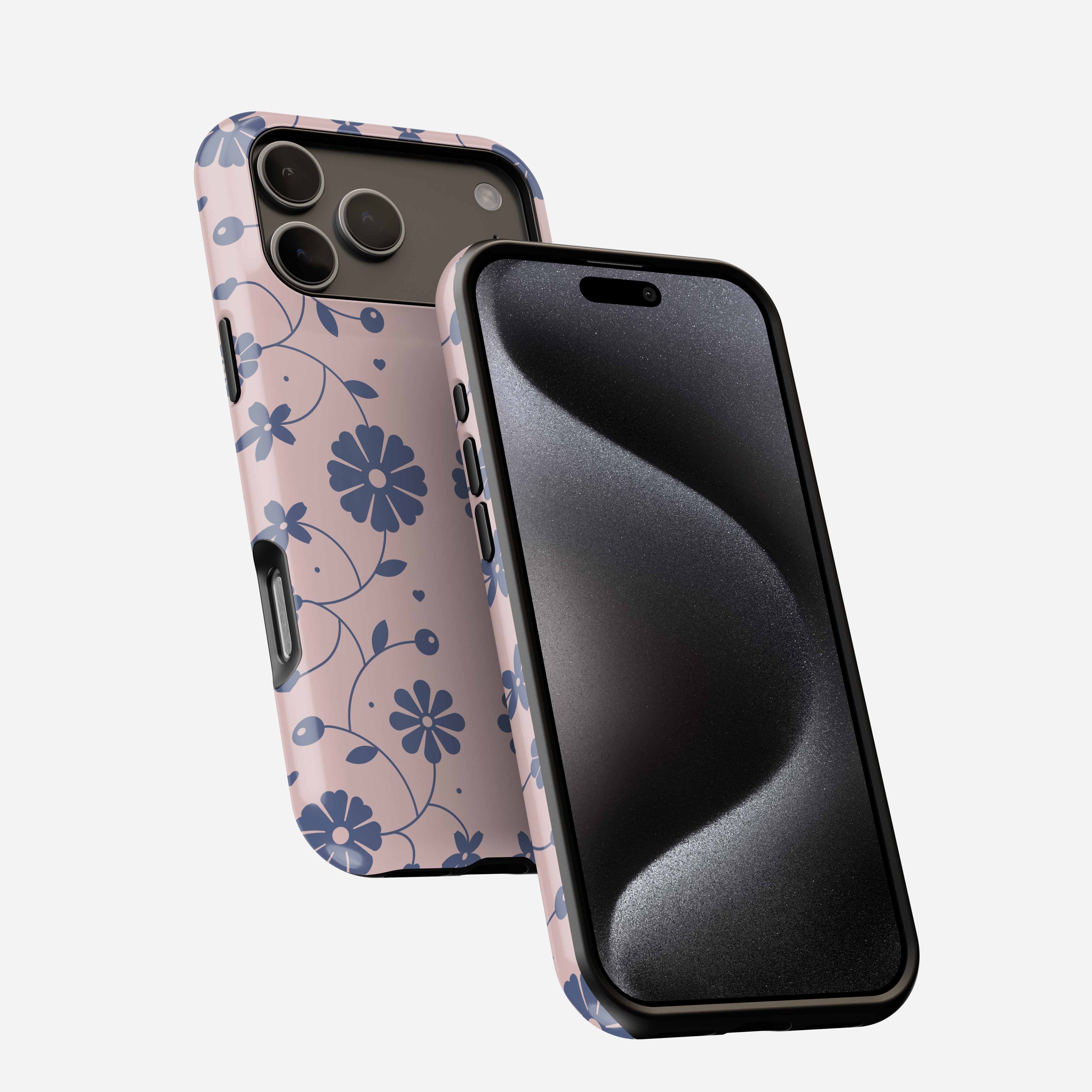 Nordic Bloom MagSafe Tough Phone Case with blue floral pattern on pink background
