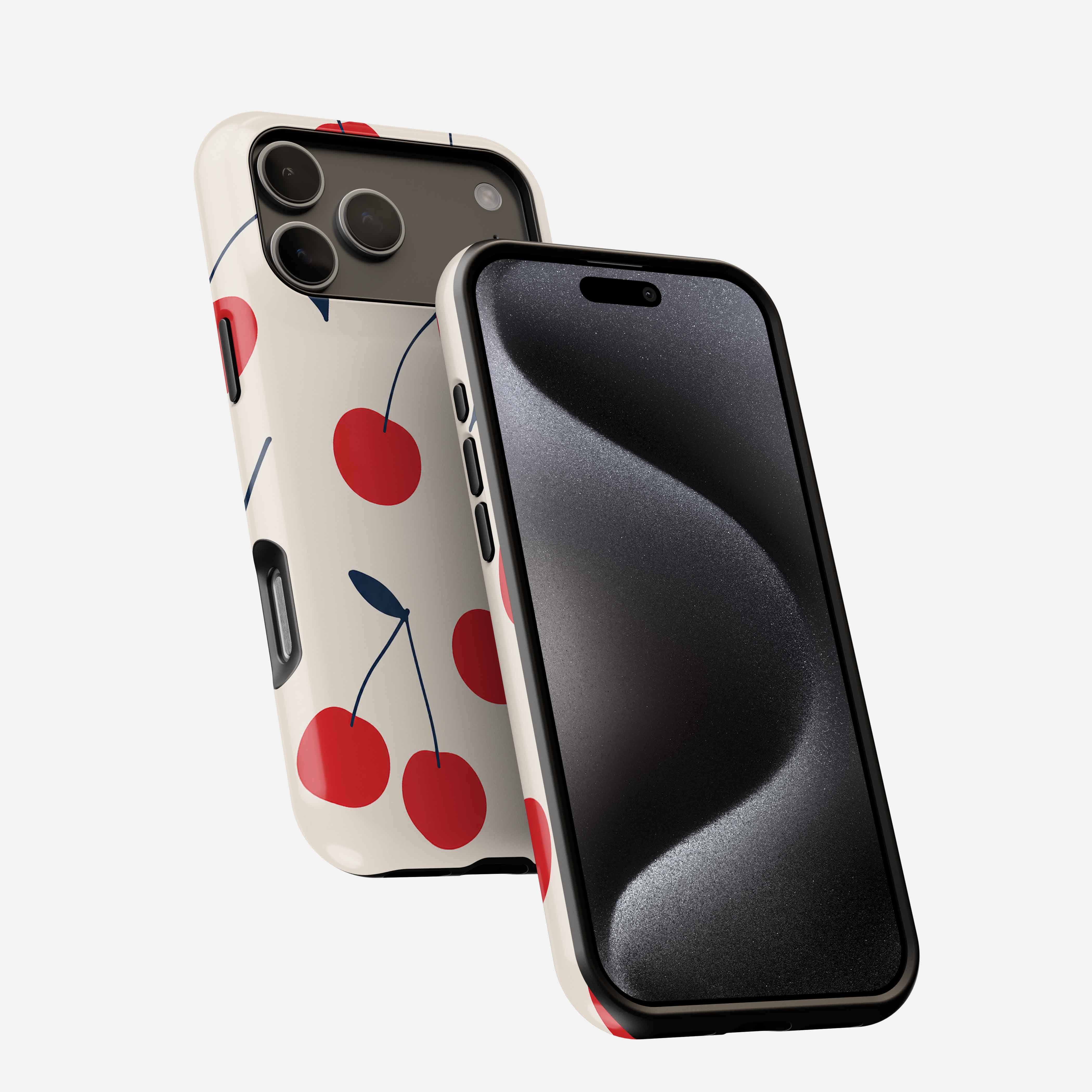 Cream-colored phone case with red cherry and dark leaf pattern, shown front and back views with triple camera cutout.