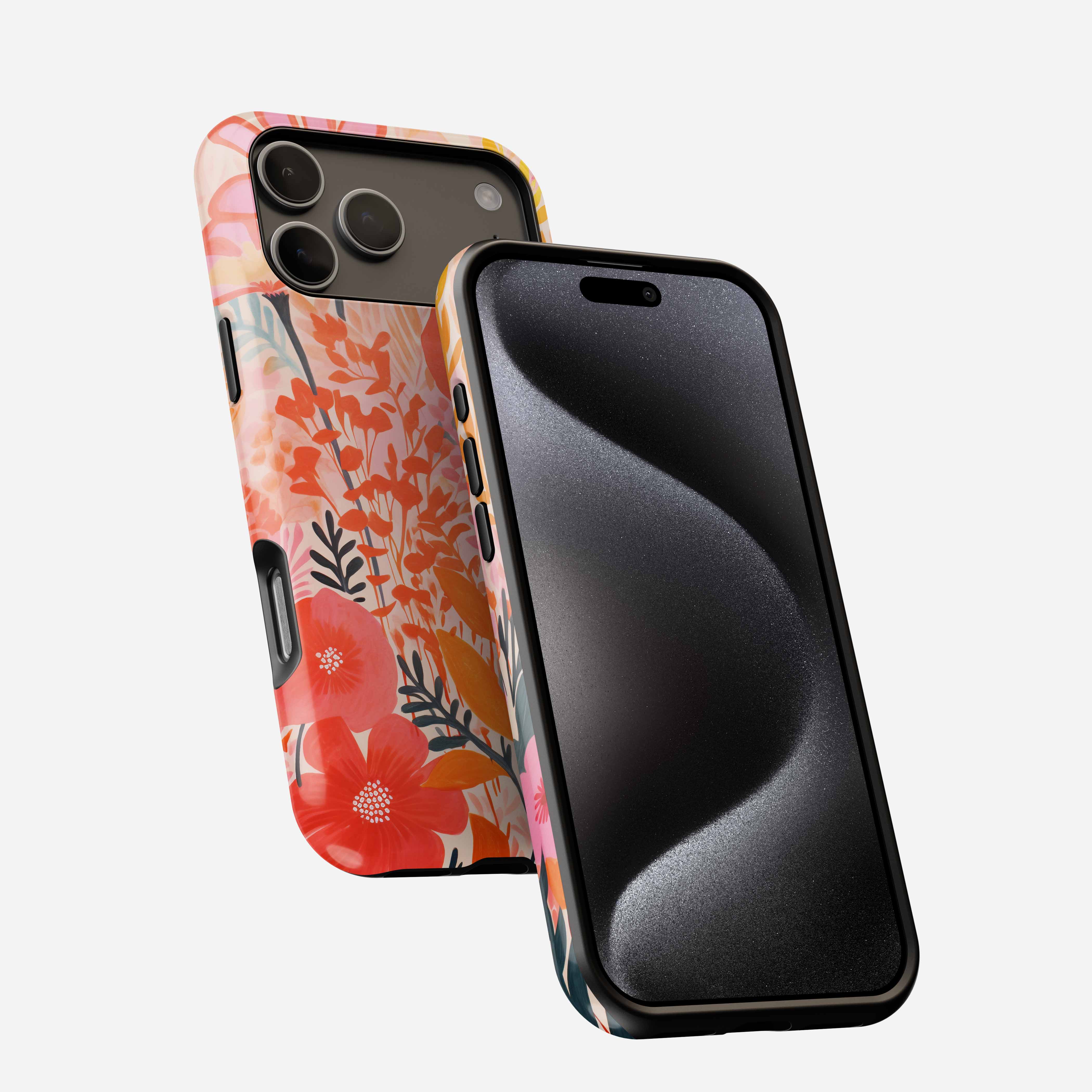 Colorful floral phone case with red and orange flowers on pink background, shown front and back on smartphone.