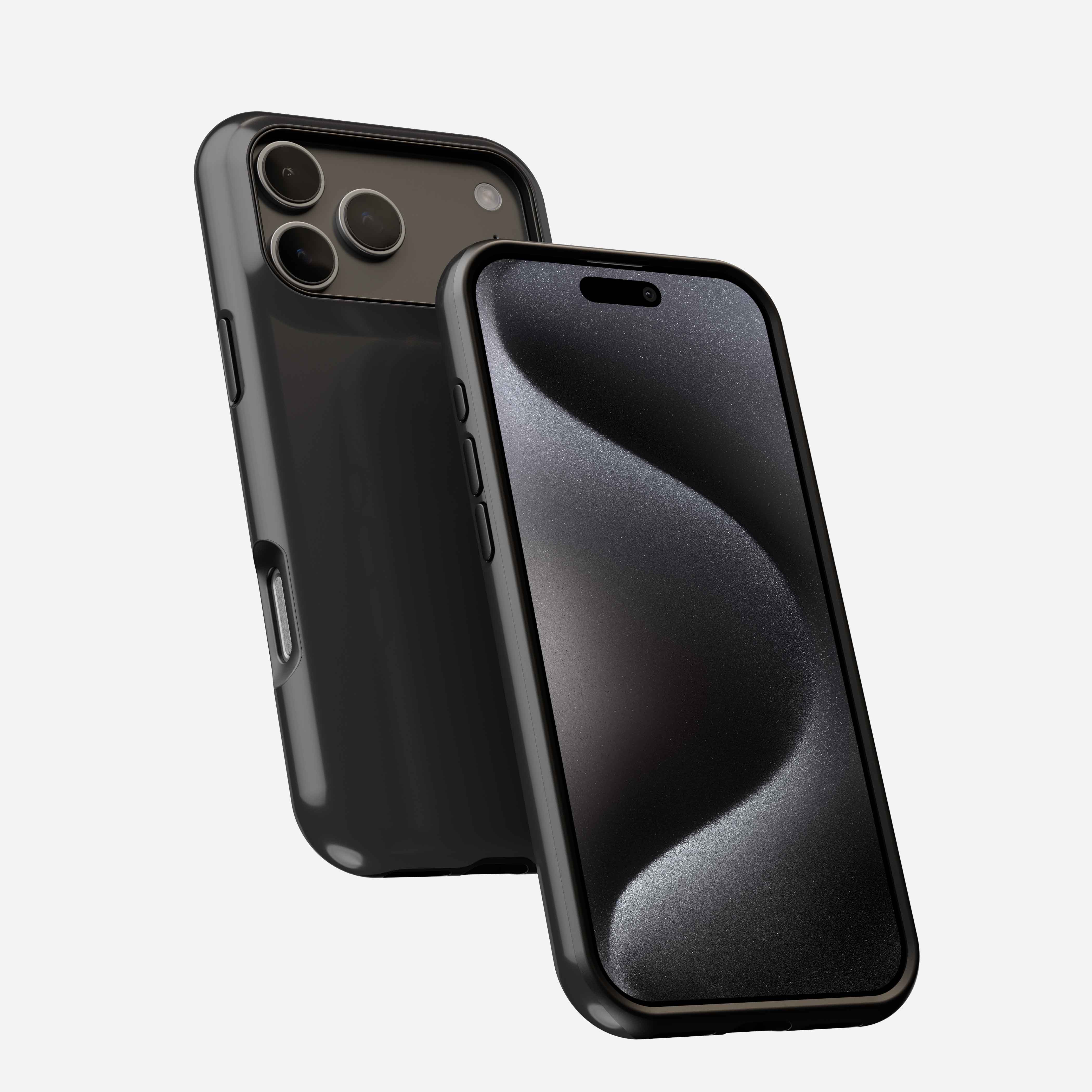 Charcoal MagSafe tough phone case displayed front and back on black smartphone with triple camera setup.