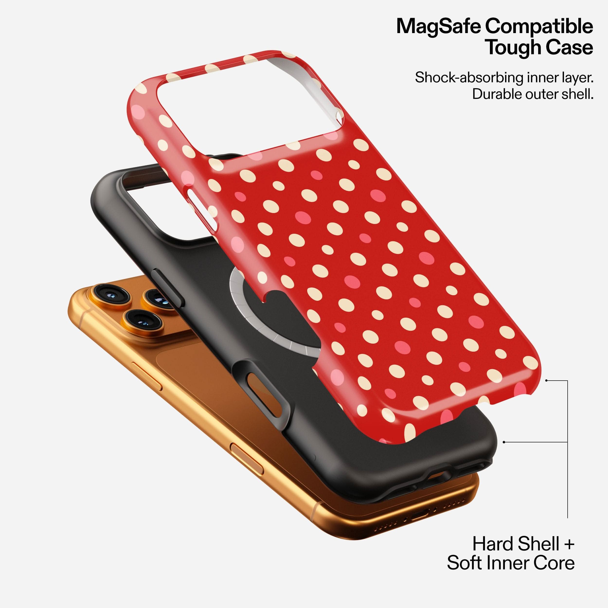 Red polka dot MagSafe tough phone case with shock-absorbing inner layer and durable hard shell outer protection.