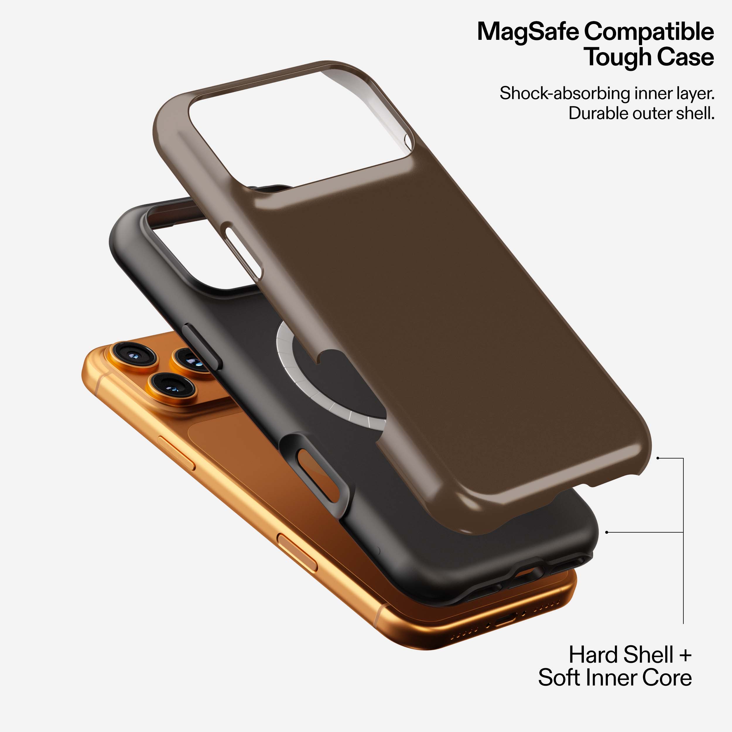 Espresso MagSafe Tough Case stacked in brown, black, and gold showing shock-absorbing layers and hard shell design.